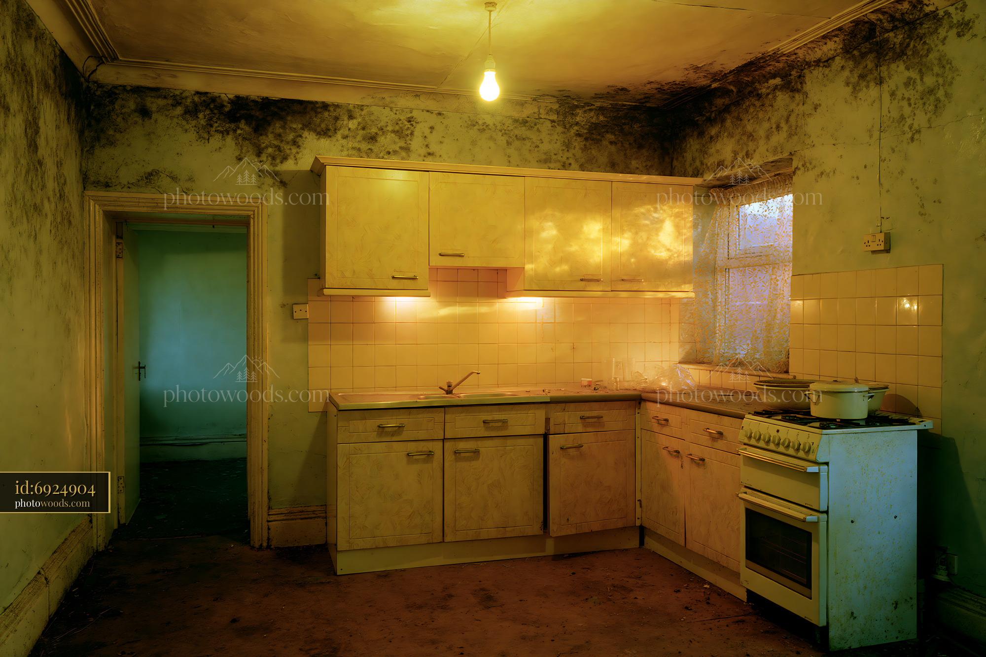 Dilapidated Kitchen With Mold in the Corner and Dim Lighting