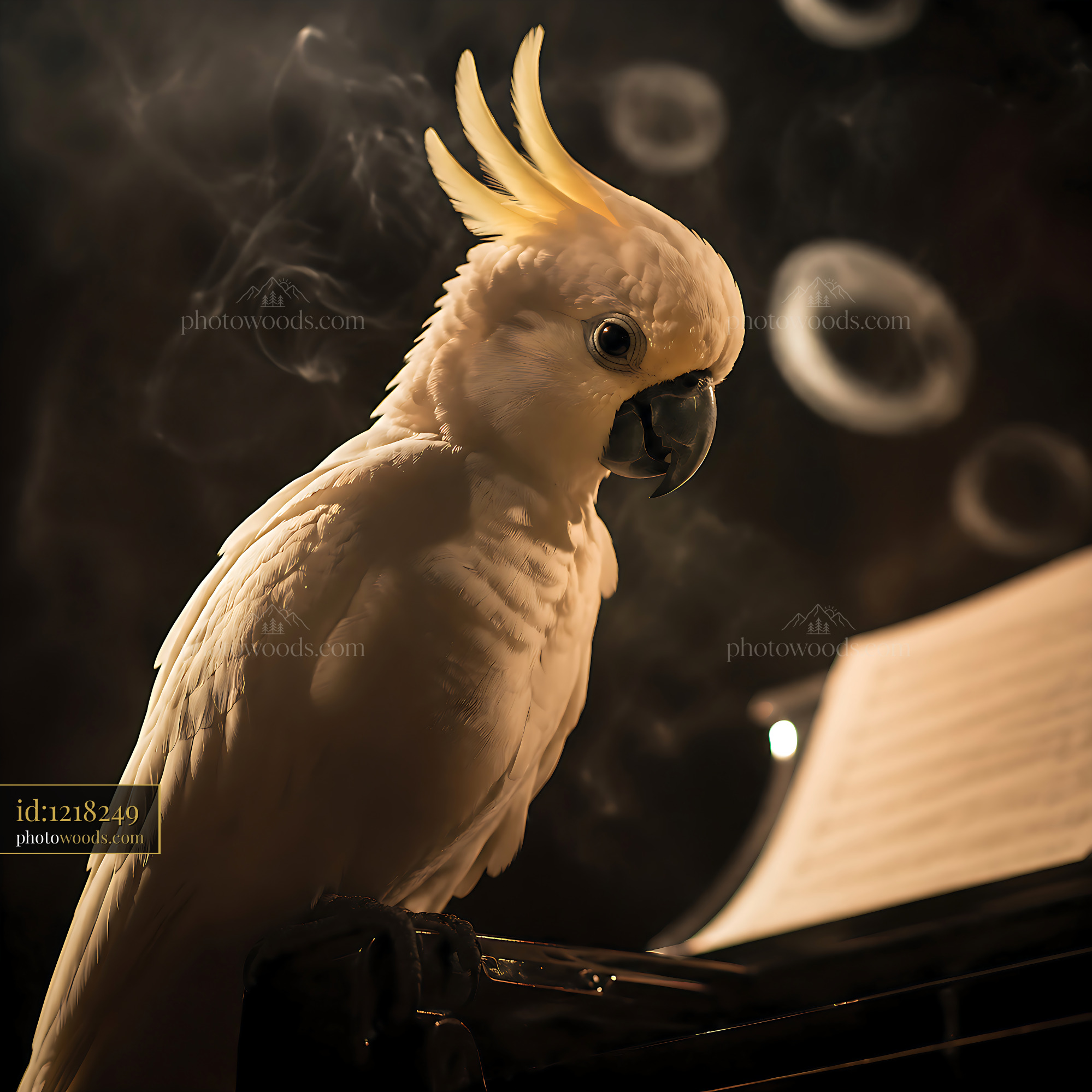 Cockatoo Perched on Piano With Sheet Music in Dim Light
