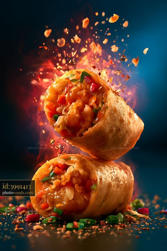 Two stuffed wraps with vegetables and flying food fragments