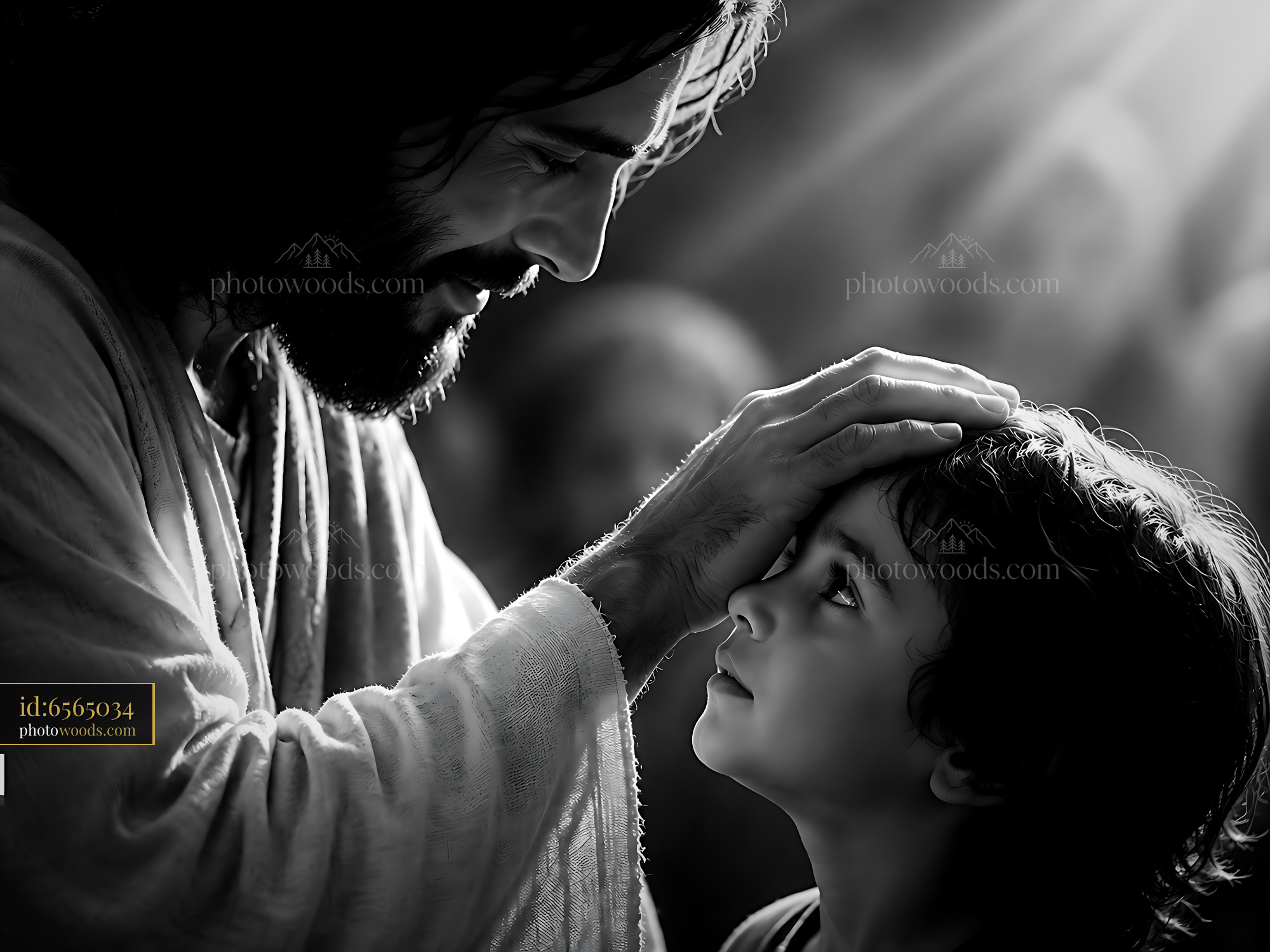 Jesus Touches the Head of a Child With a Caring Expression