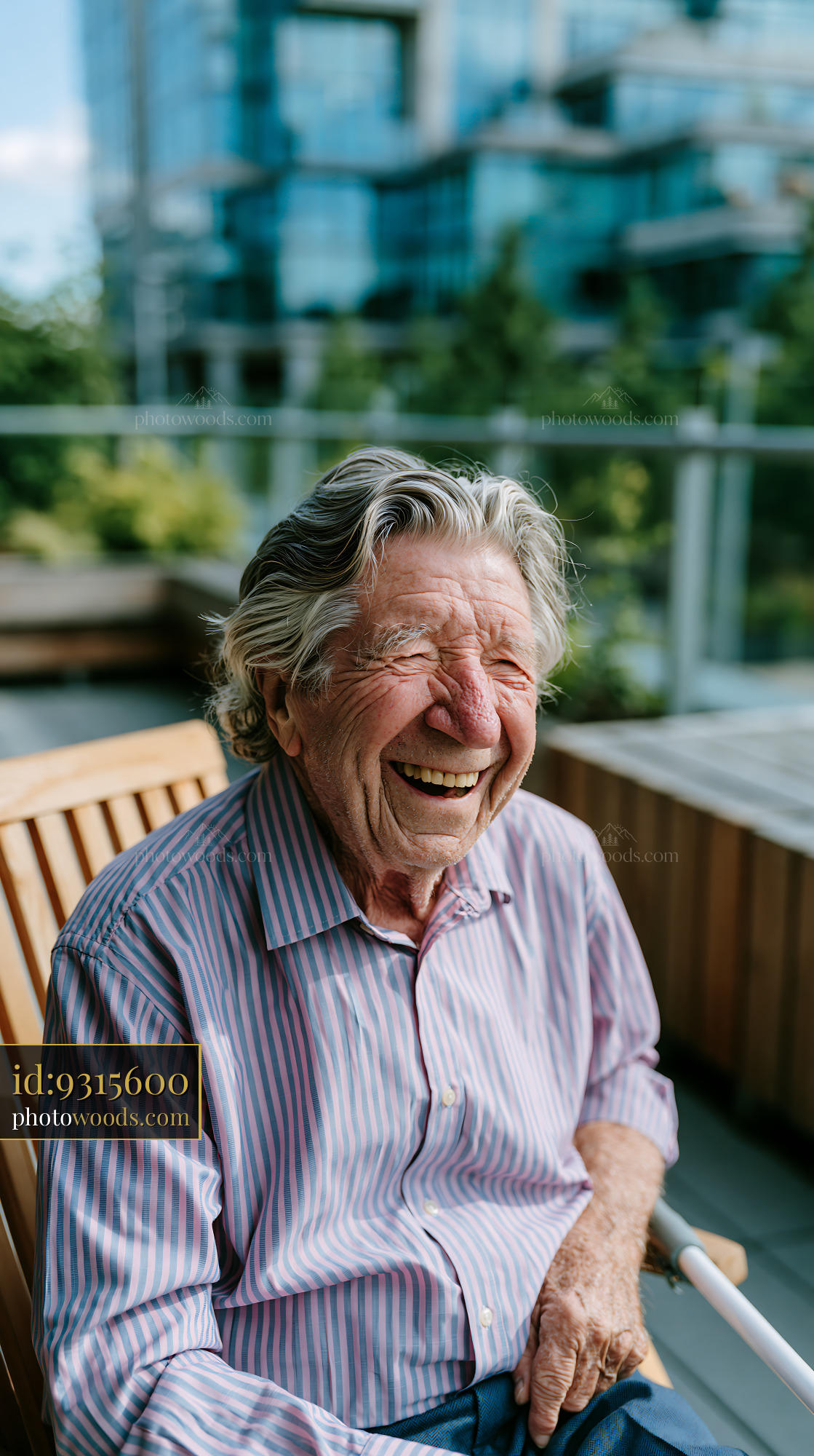 Cheerful Older Man Smiling While Sitting on a Wooden Bench Outdoors