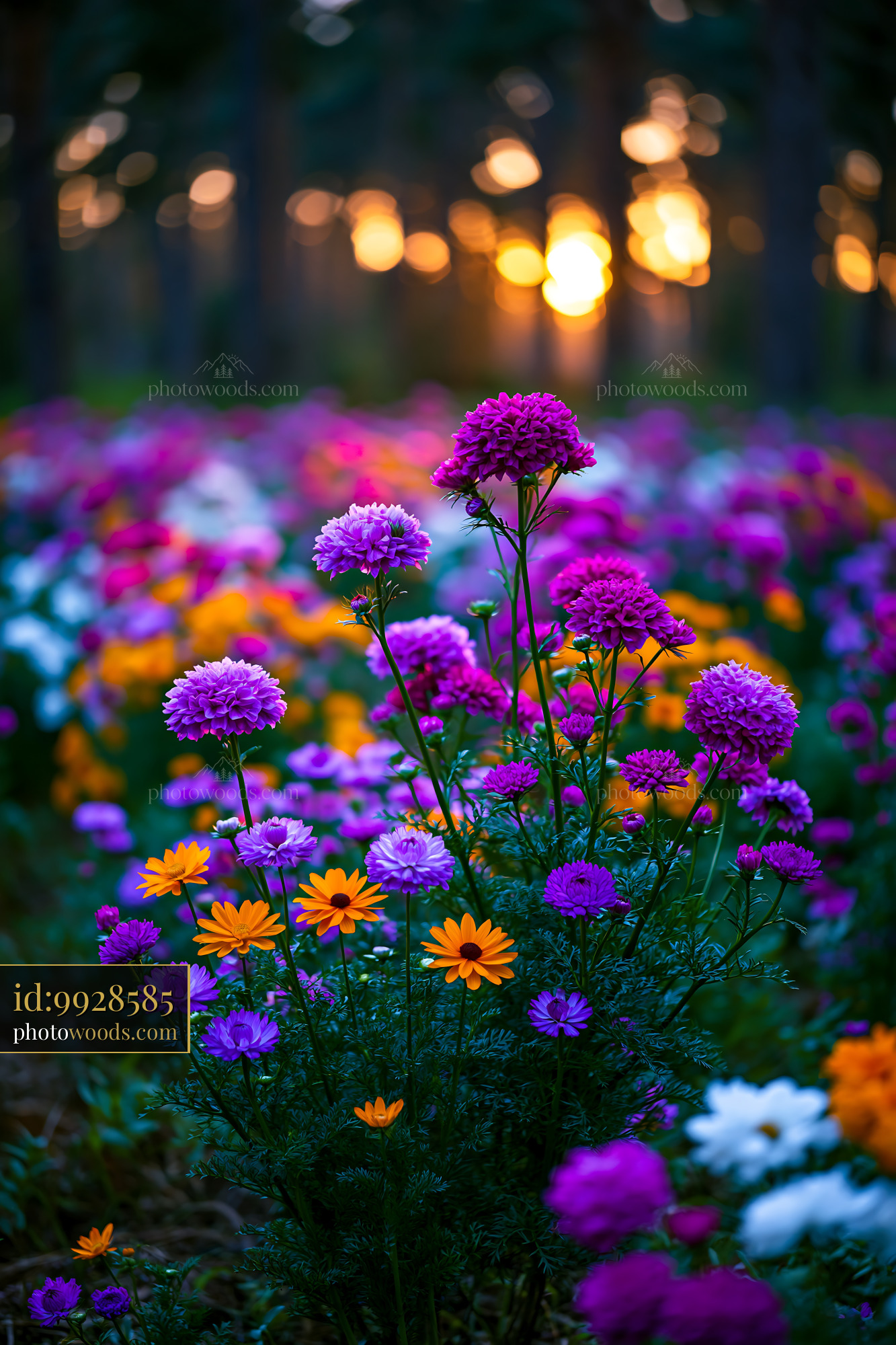 Flowers Bloom in Colorful Garden Under Sunset Light