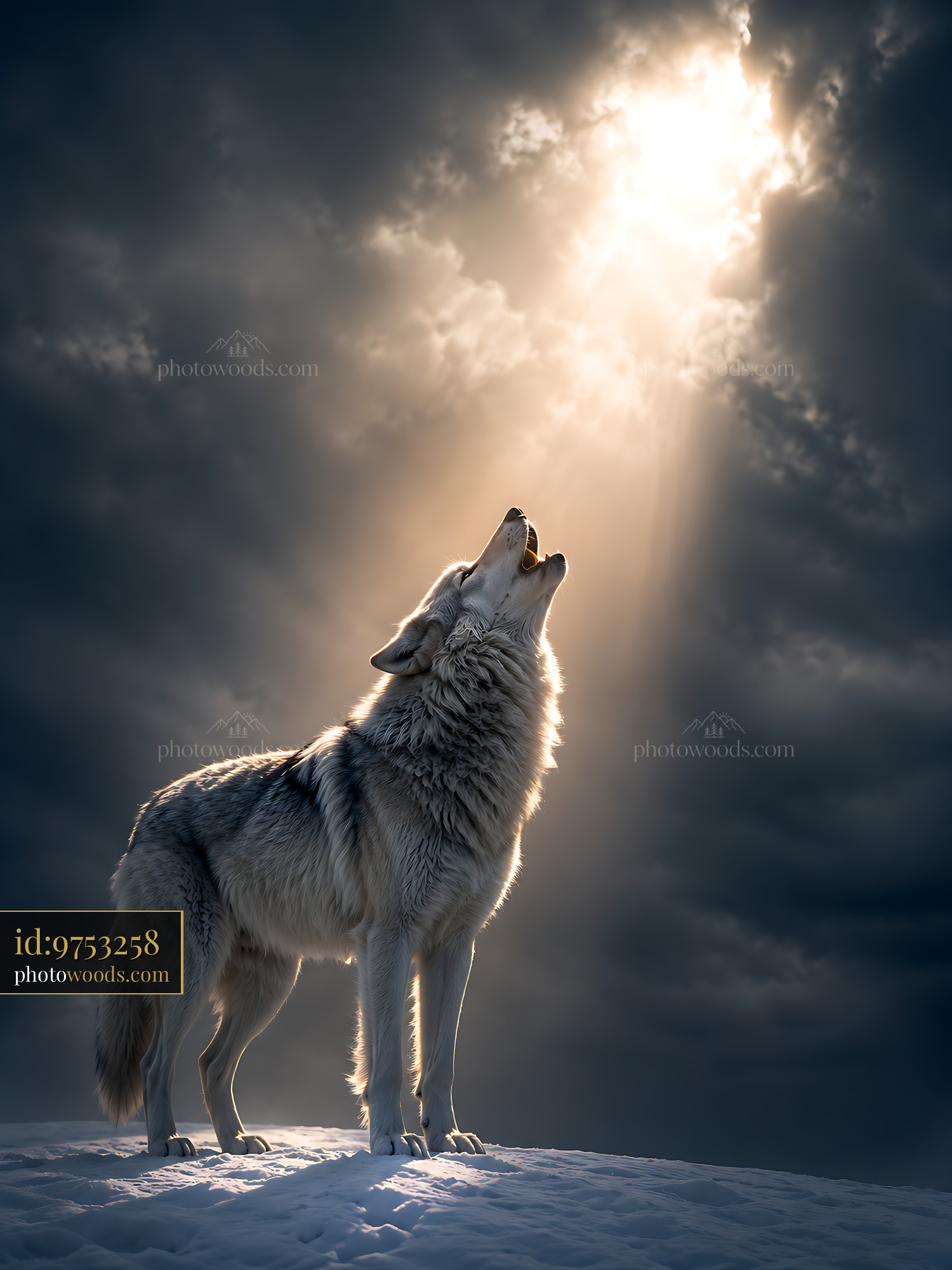 Lone Wolf Howling Under a Cloudy Sky With Sunlight Shining Through