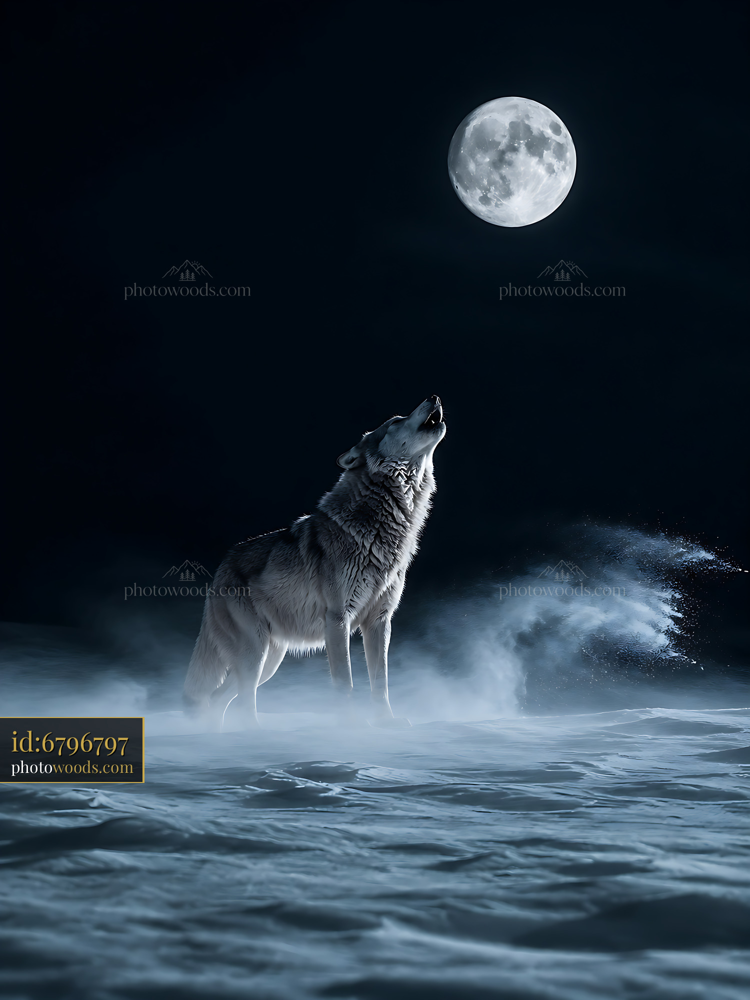 Wolf Howls at the Full Moon in a Snowy Landscape at Night
