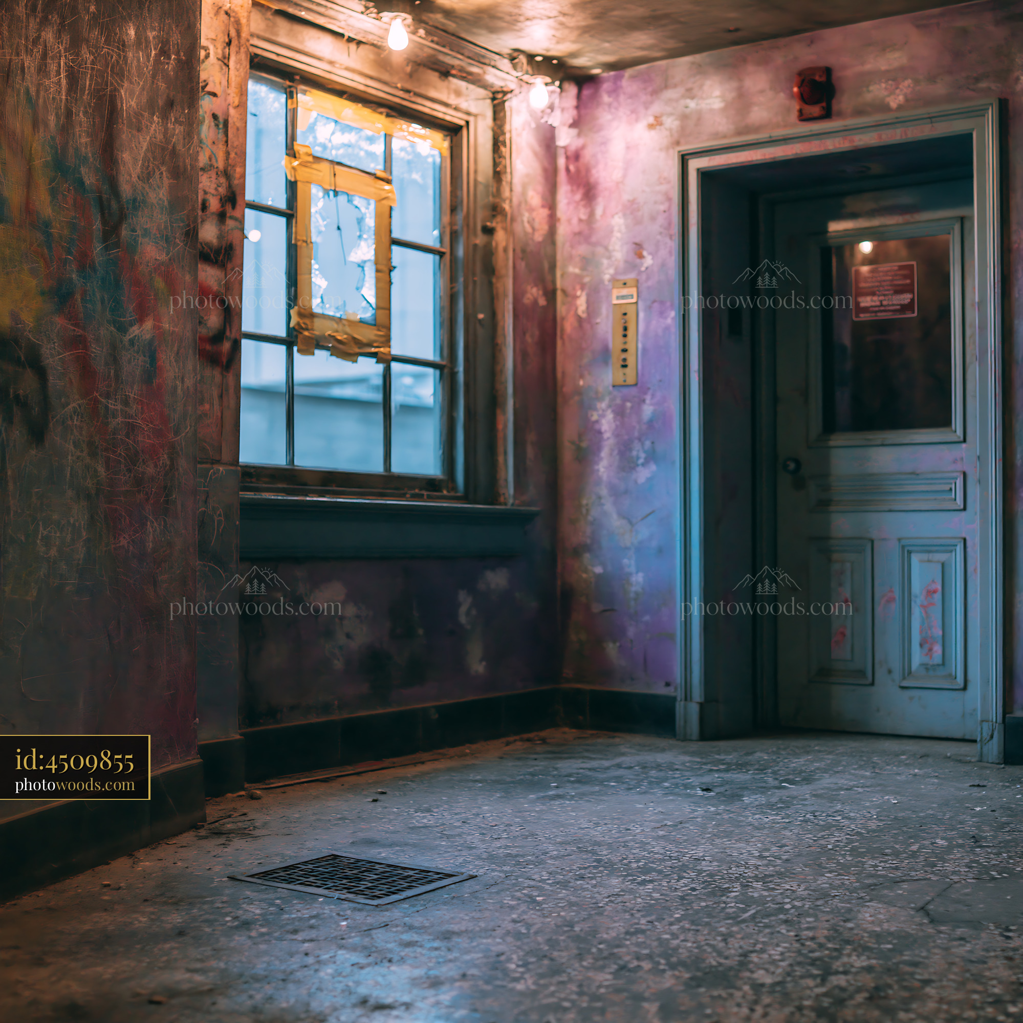 Shabby Elevator Lobby With Graffiti and Worn Walls