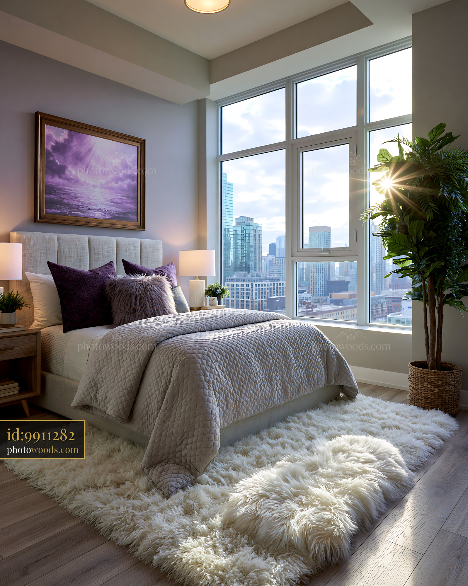 Penthouse Bedroom With Skyline View and Plants in City