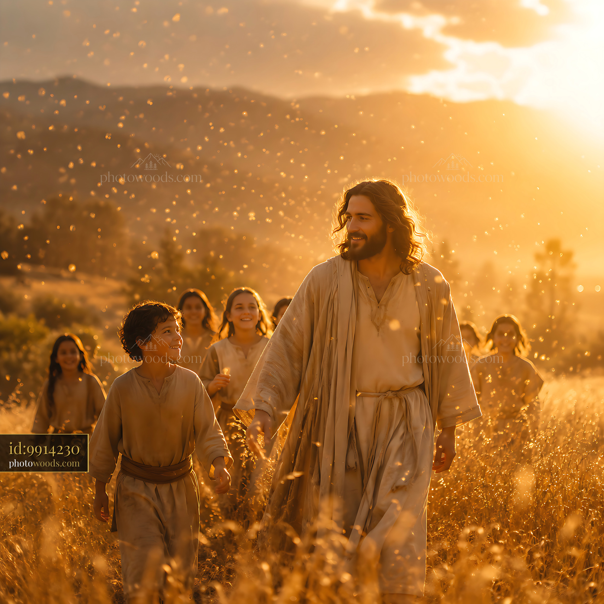 Jesus Walks With Children in a Field During Sunset