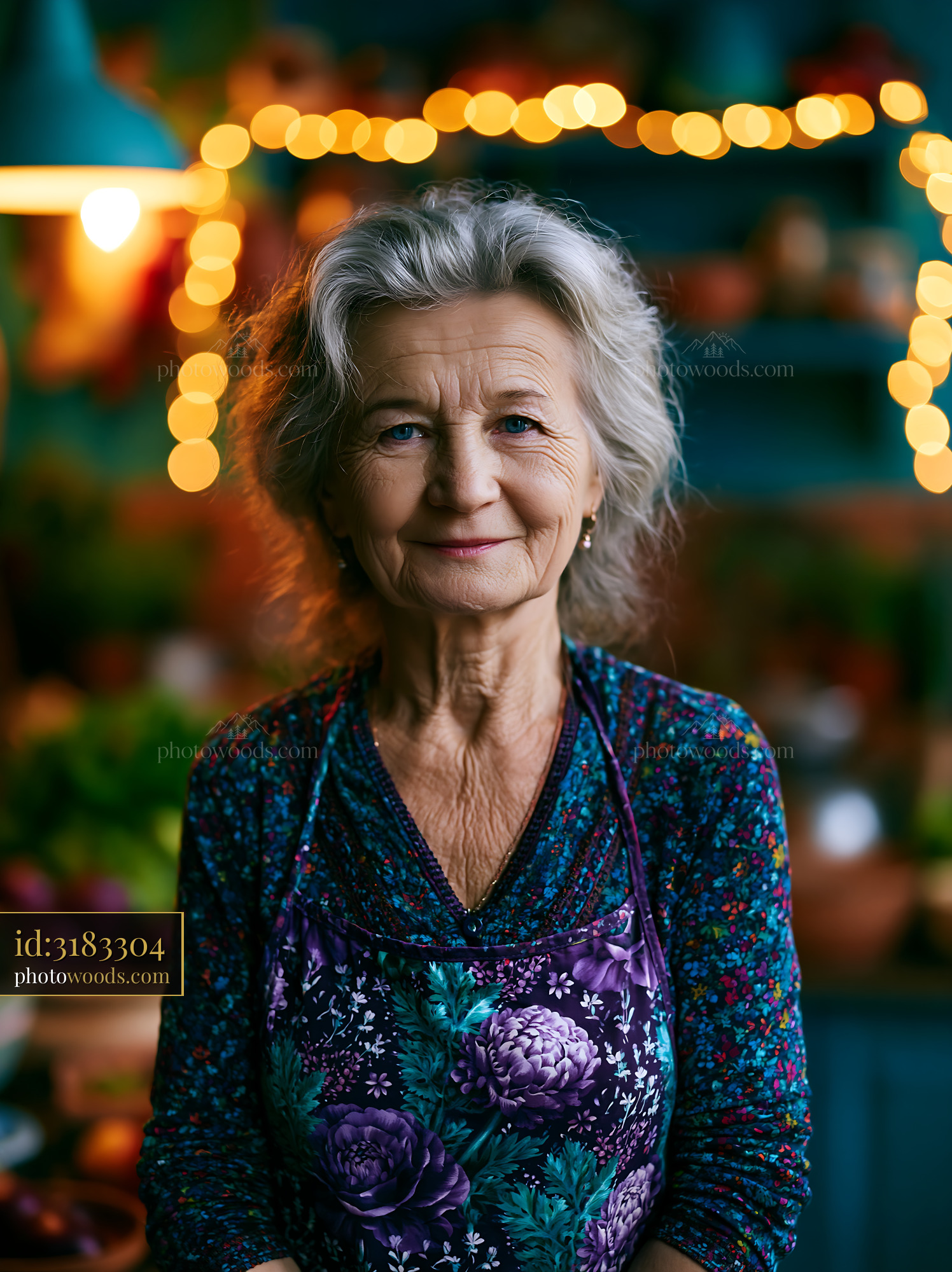 Elderly Woman Smiles in Kitchen With Vegetables and Lights