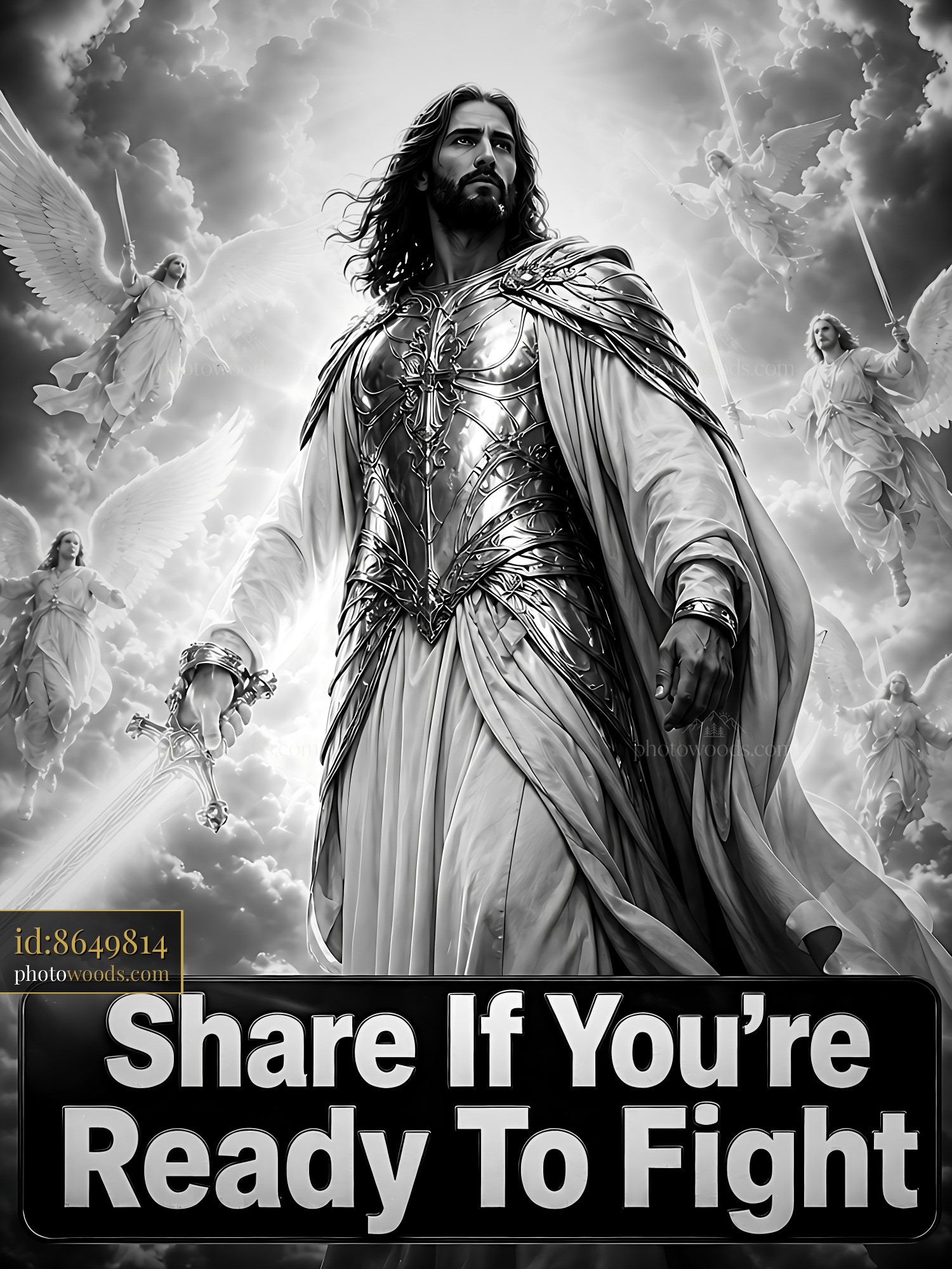 Man in Ornate Armor Stands With Sword Surrounded by Angels