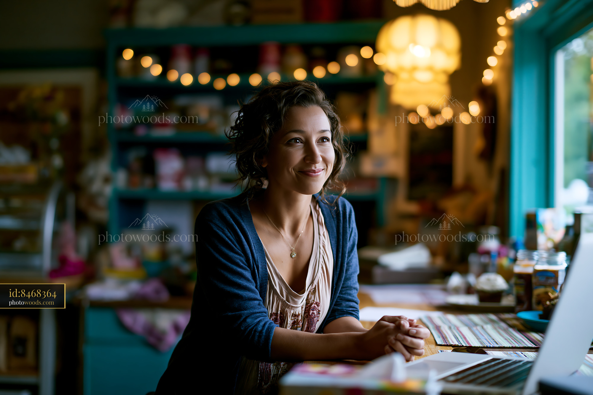 Small Business Owner at Her Shop Counter With Warm Lighting