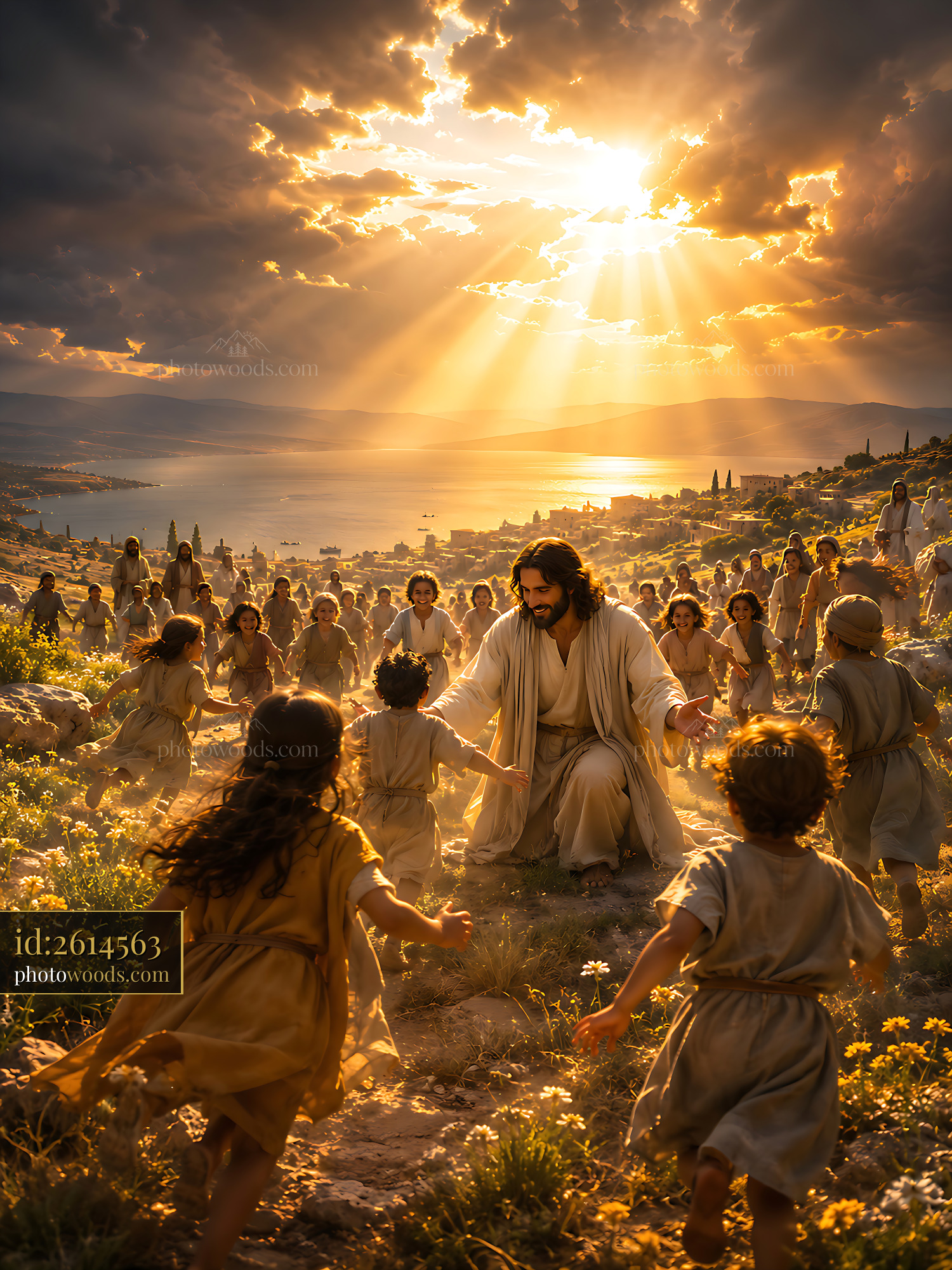 Jesus Interacts With Children in a Sunlit Landscape During Sunset