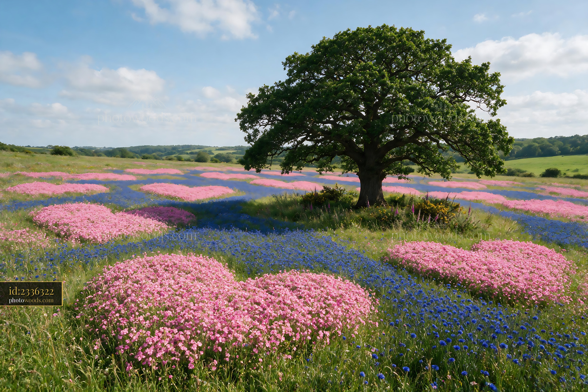 Pink Campion and Bluebells in Heart Shapes With Tree