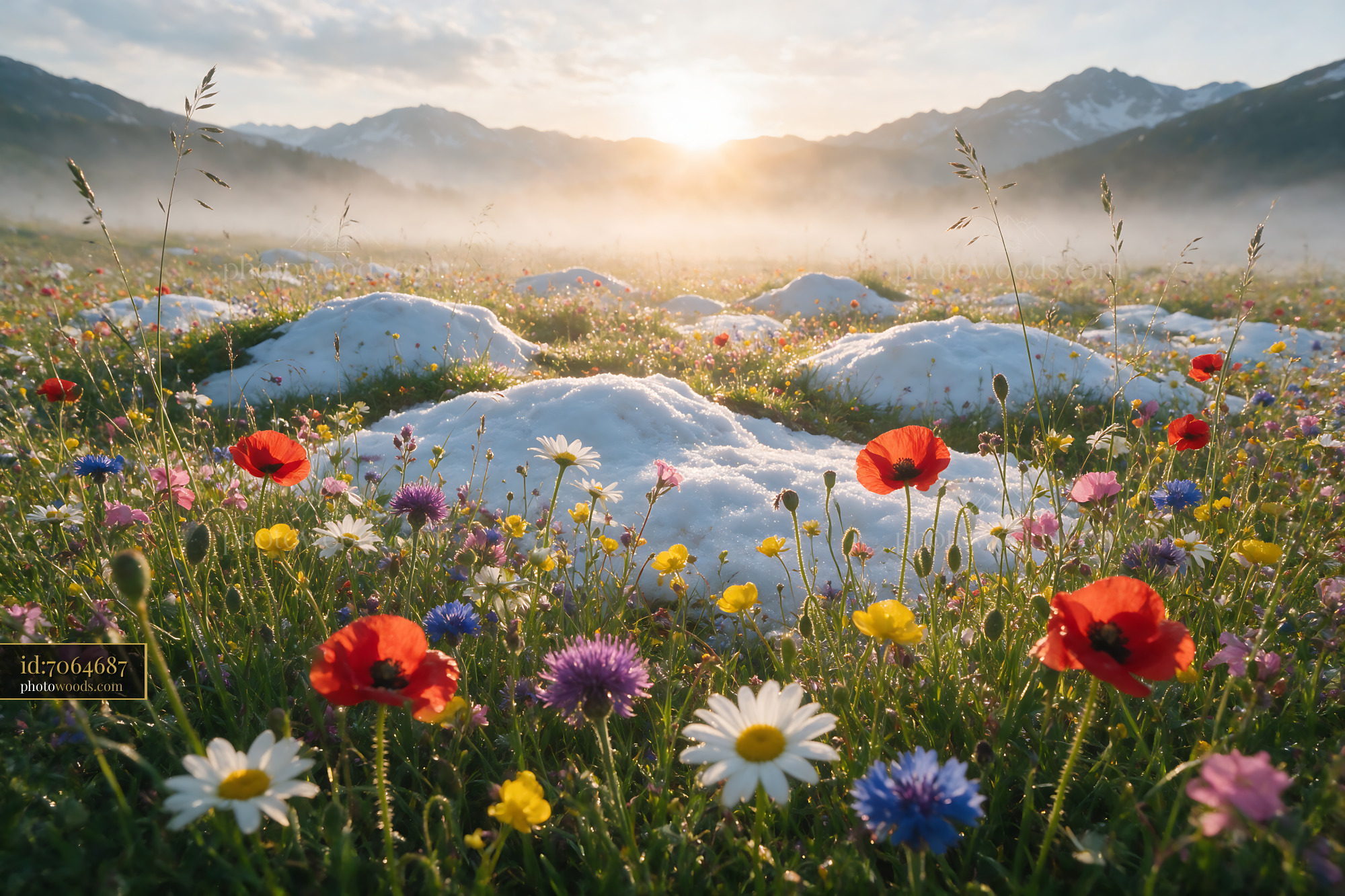 Wildflowers Blooming in Alpine Meadow at Sunrise