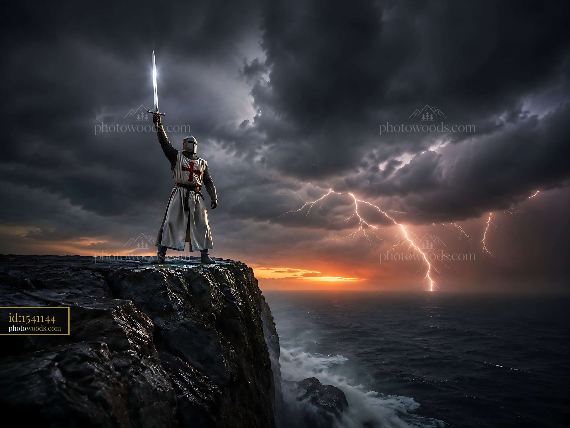 Knight Stands on Cliff Holding Sword Against Stormy Sky