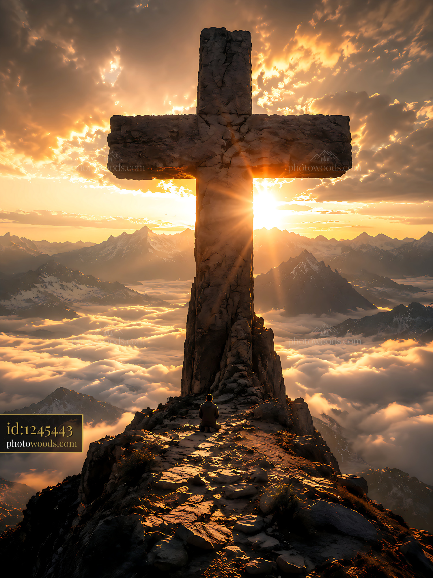 Cross Stands Tall on Mountain Peak With Person Meditating at Sunset