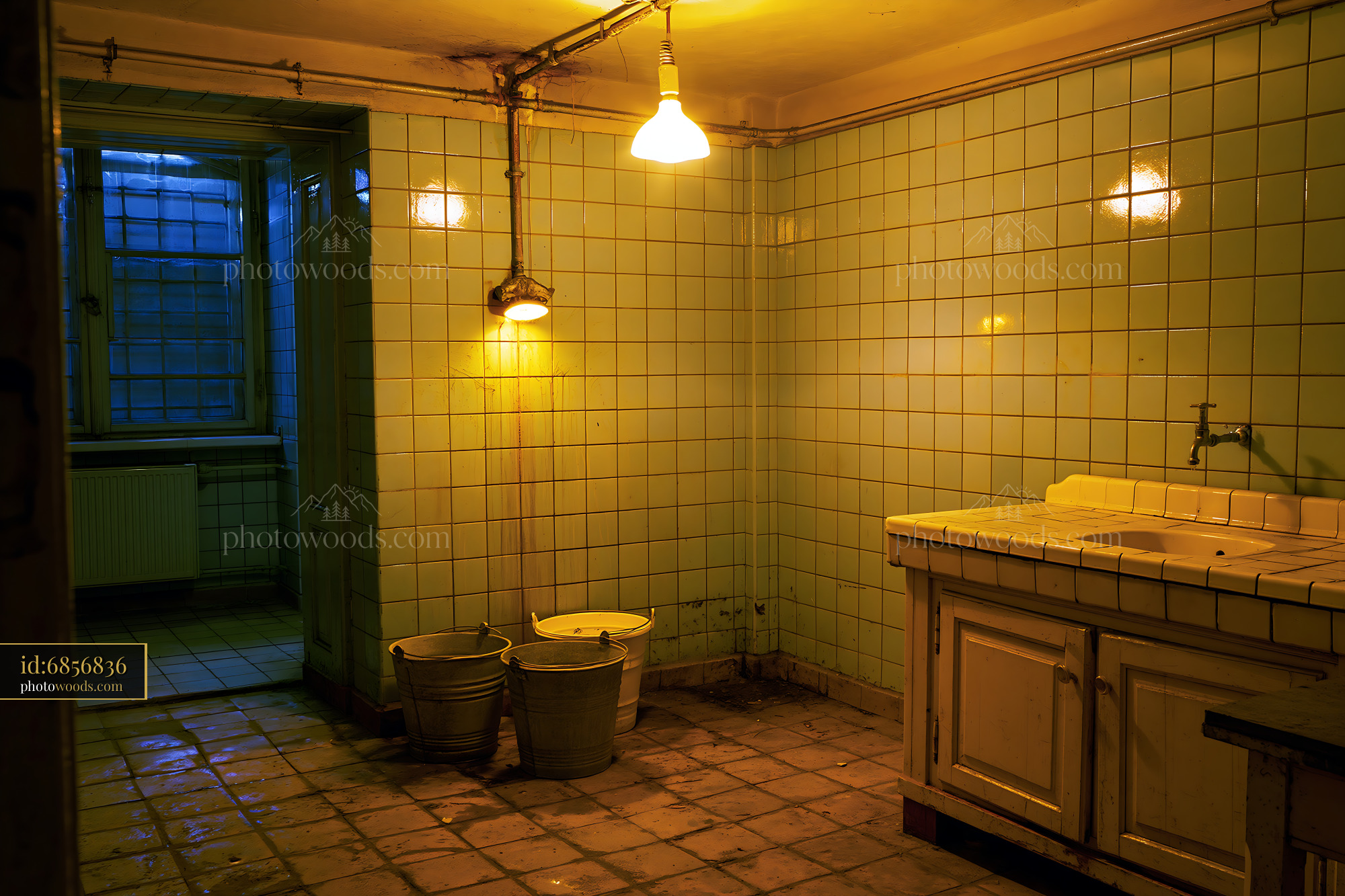 Neglected Kitchen With Greasy Tiled Walls and Dim Lighting