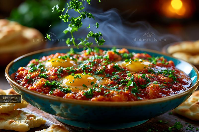 Bowl of Shakshuka With Runny Eggs and Fresh Herbs