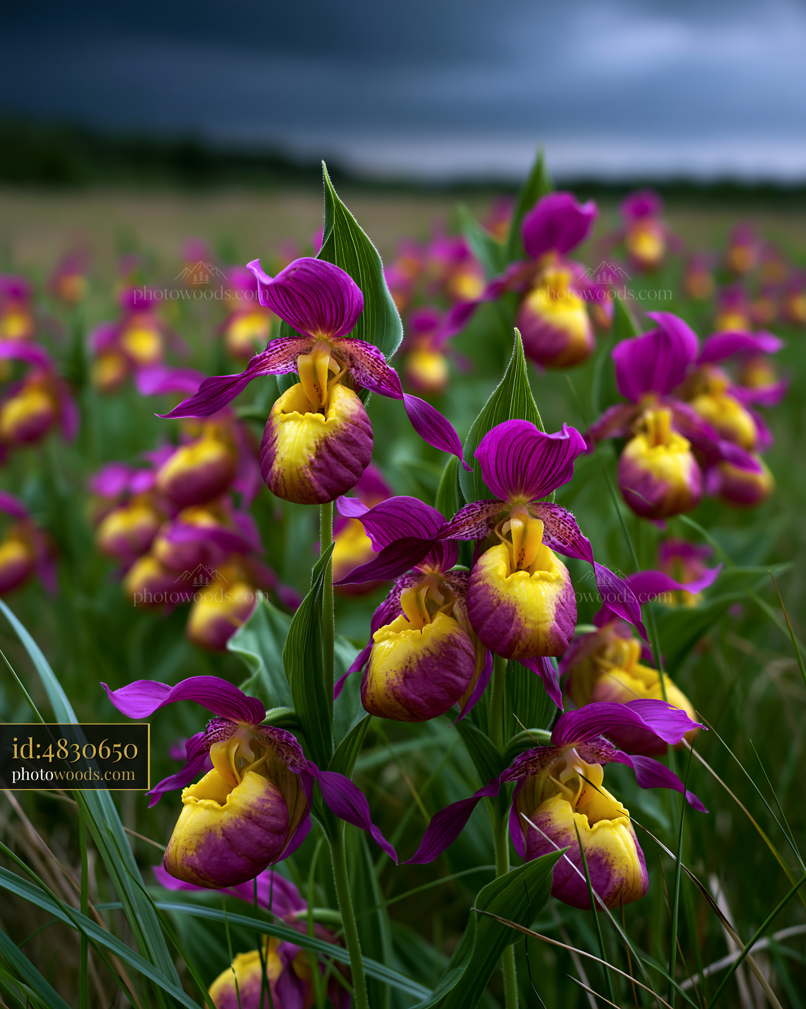 Wild Lady's Slipper Orchids Cypripedium Calceolus in a Meadow