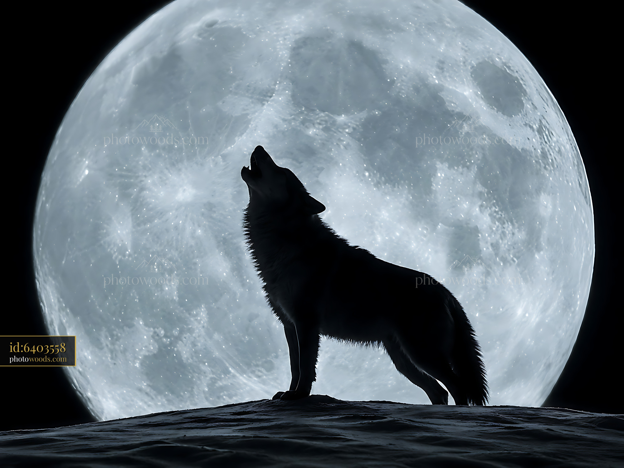 Wolf Howls at Full Moon in Dark Night Sky