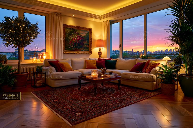 Minimalist Living Space With Gallery Walls at Sunset