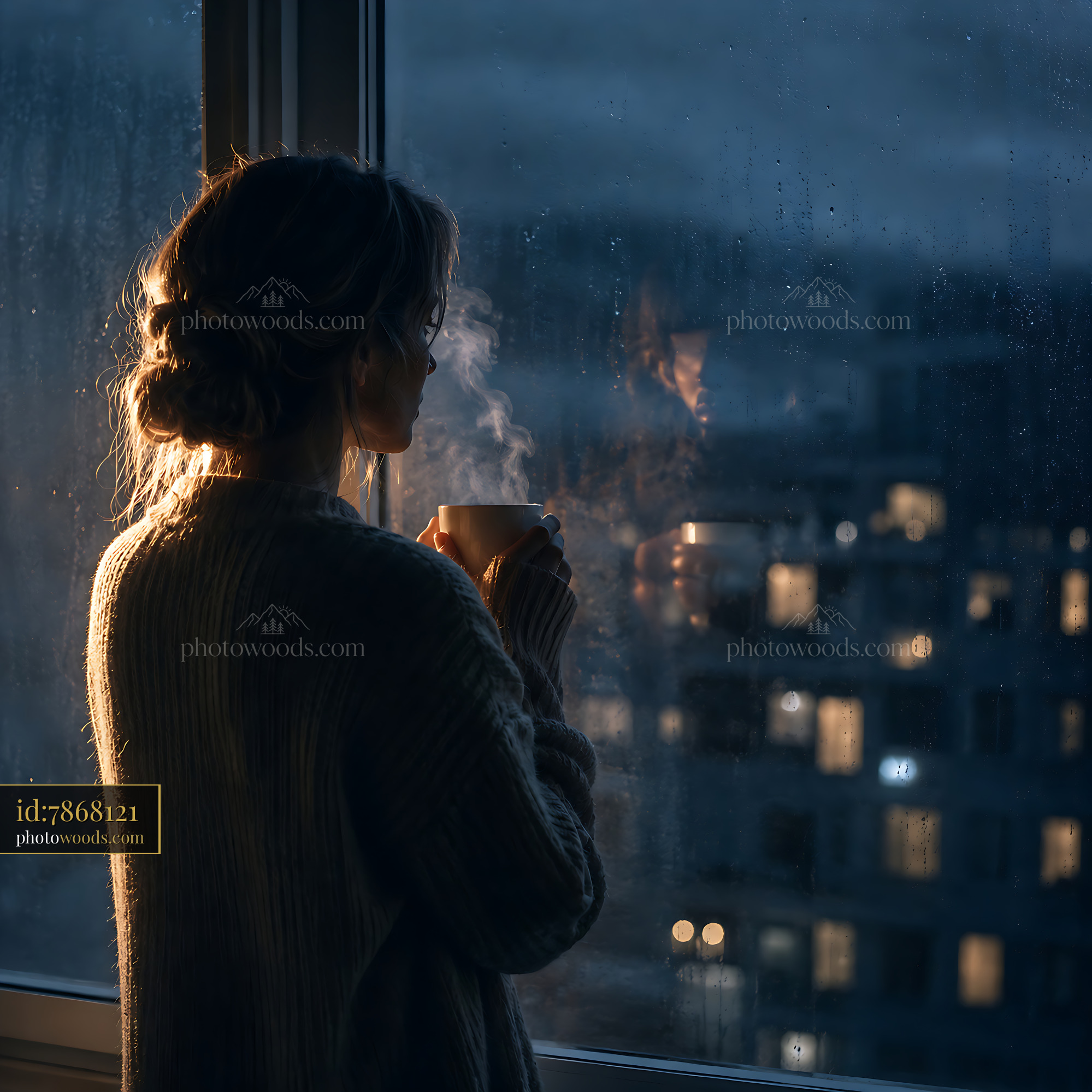 Woman Stands by Window Holding Cup Watching City Lights at Night