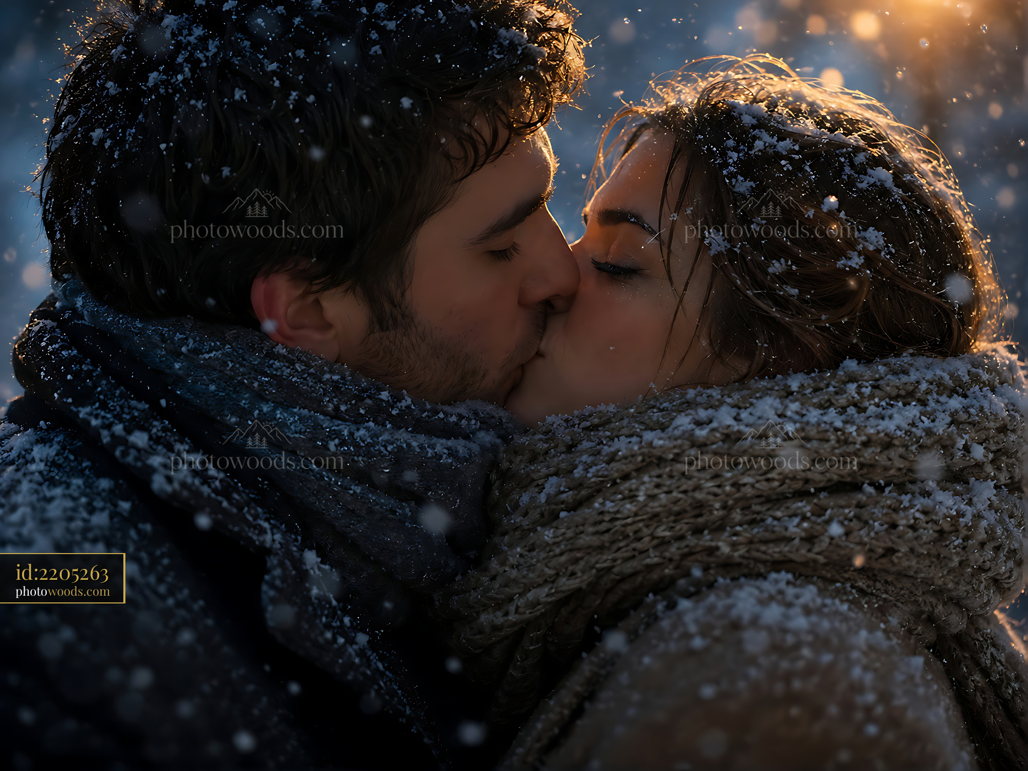 Couple Kisses in Snow During Winter Evening With Lights Glowing