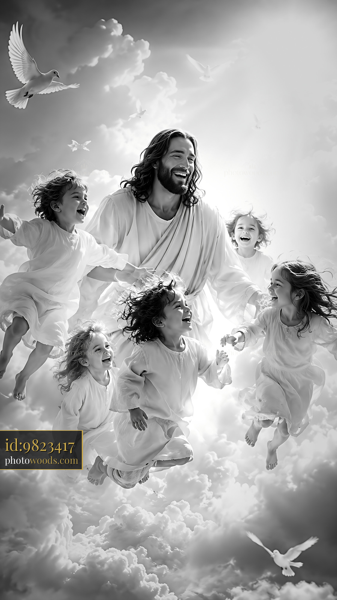 Jesus With Children in Clouds Communicating Joy and Happiness