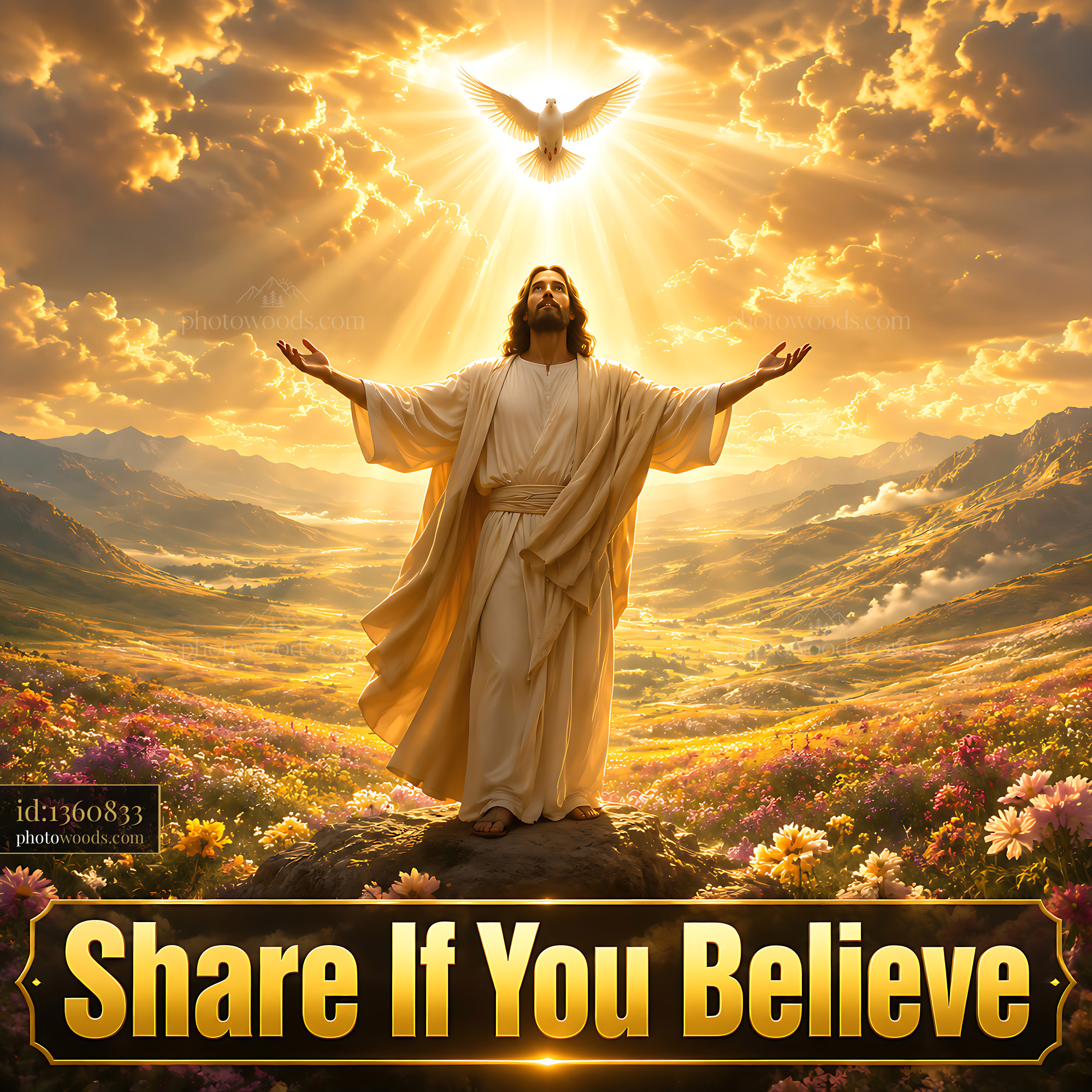 Jesus Stands With Open Arms Under a Bright Light in Nature