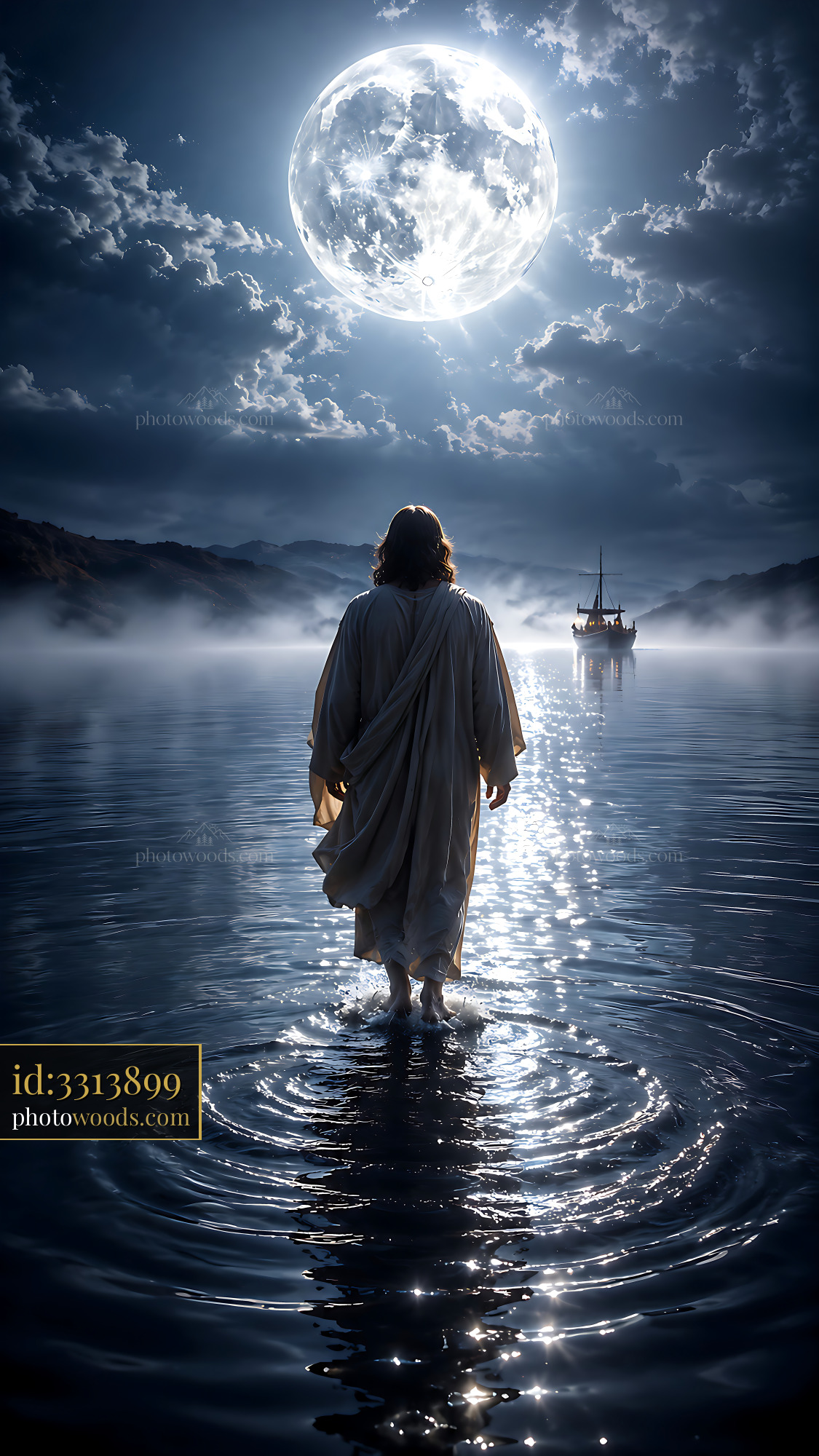 Man Walking on Water Under the Full Moon With a Boat Nearby
