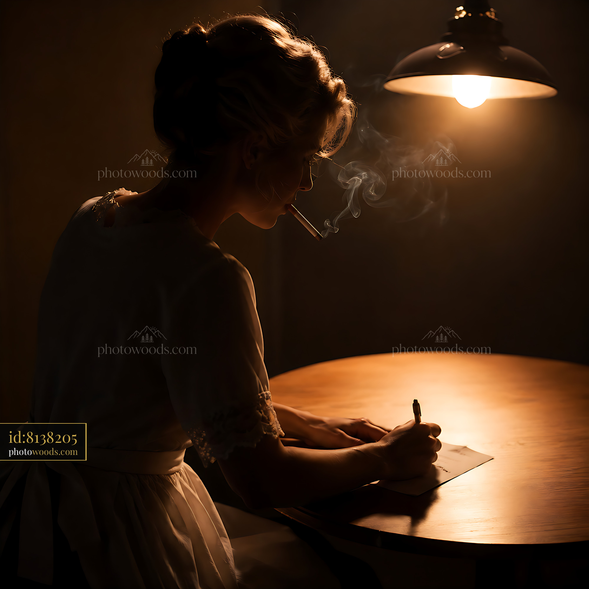 Woman Writes at a Table With a Cigarette in a Dimly Lit Room