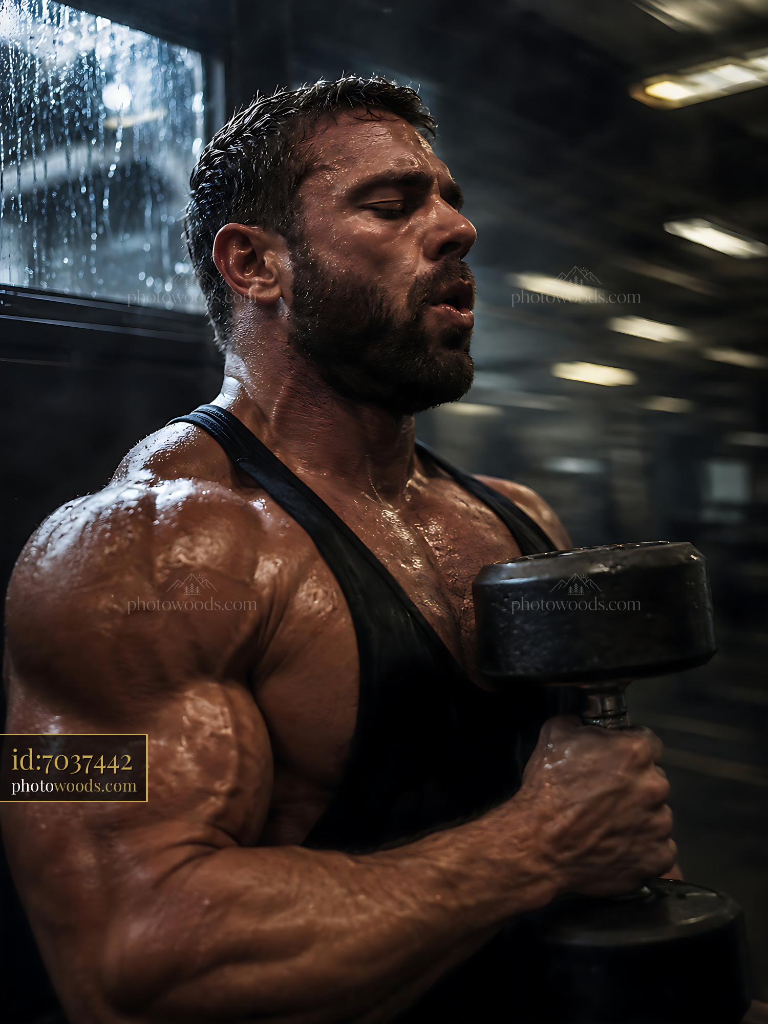 Man Lifting Dumbbell in Gym With Indoor Lighting and Sweat