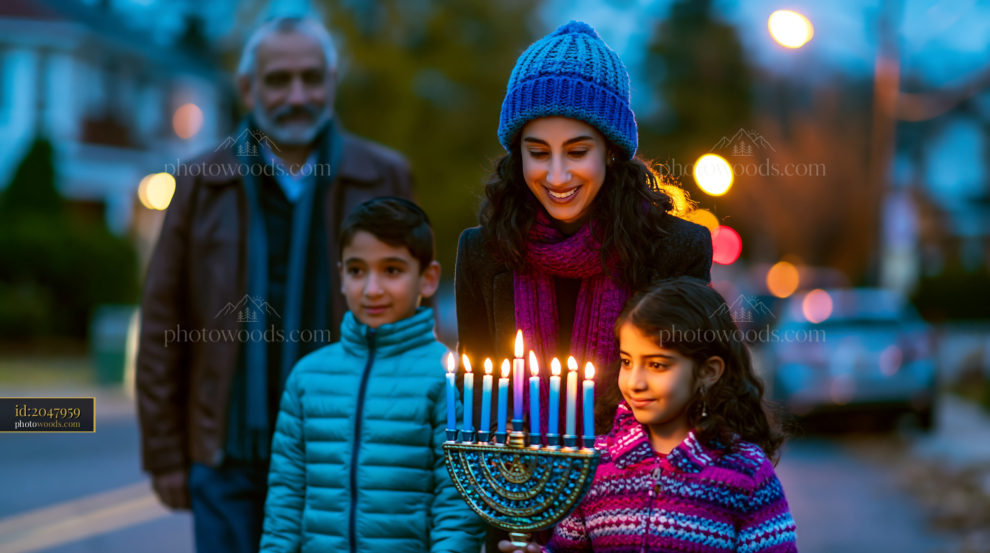 Family Lighting a Menorah for Hanukkah on a Street at Dusk