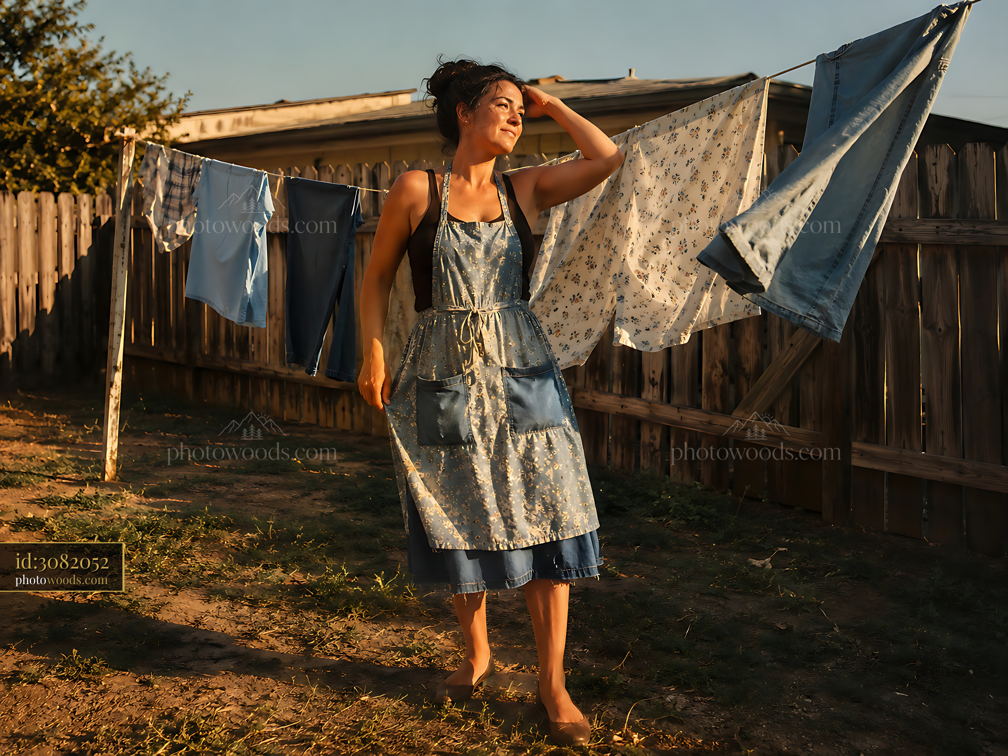 Woman Hanging Laundry in the Backyard During Golden Hour