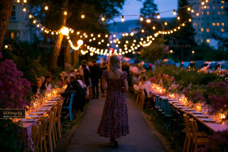 Friends Celebrating Midsummer at a Long Outdoor Table in Evening