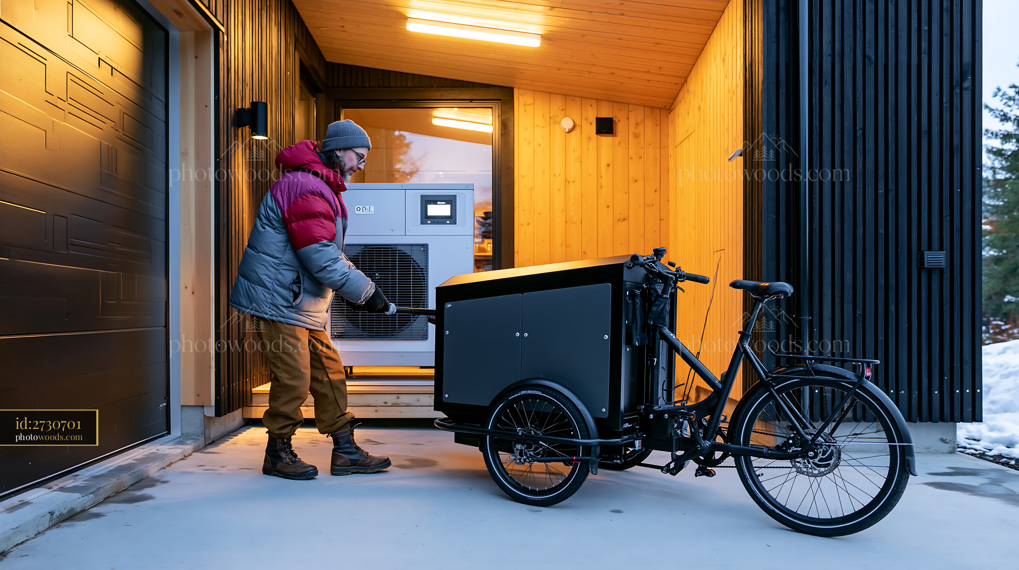 Cargo Bike Courier Unloading Goods in Winter Setting