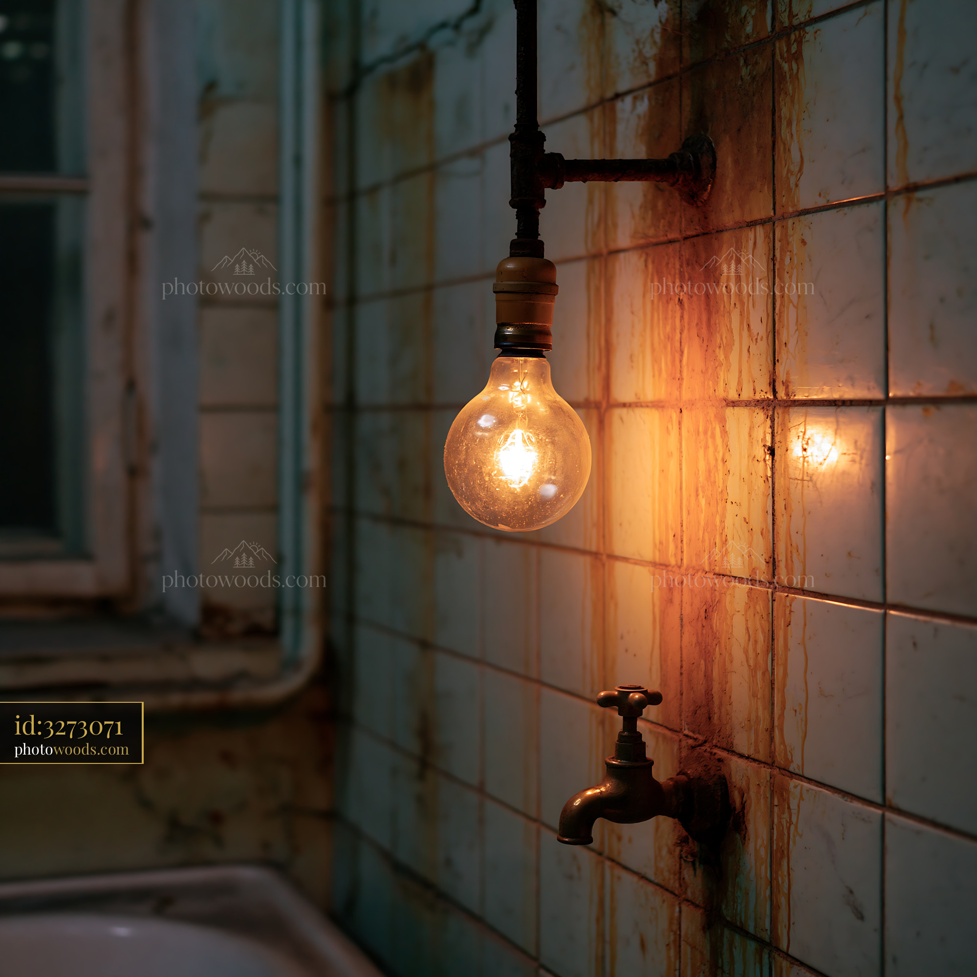 Dark Bathroom With a Bare Bulb and Rusted Faucet