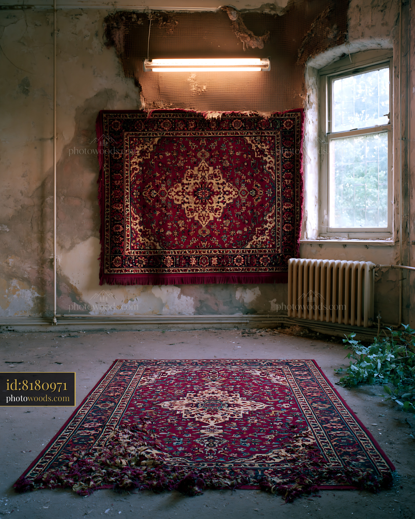Faded Room With a Threadbare Oriental Rug and Cracked Walls