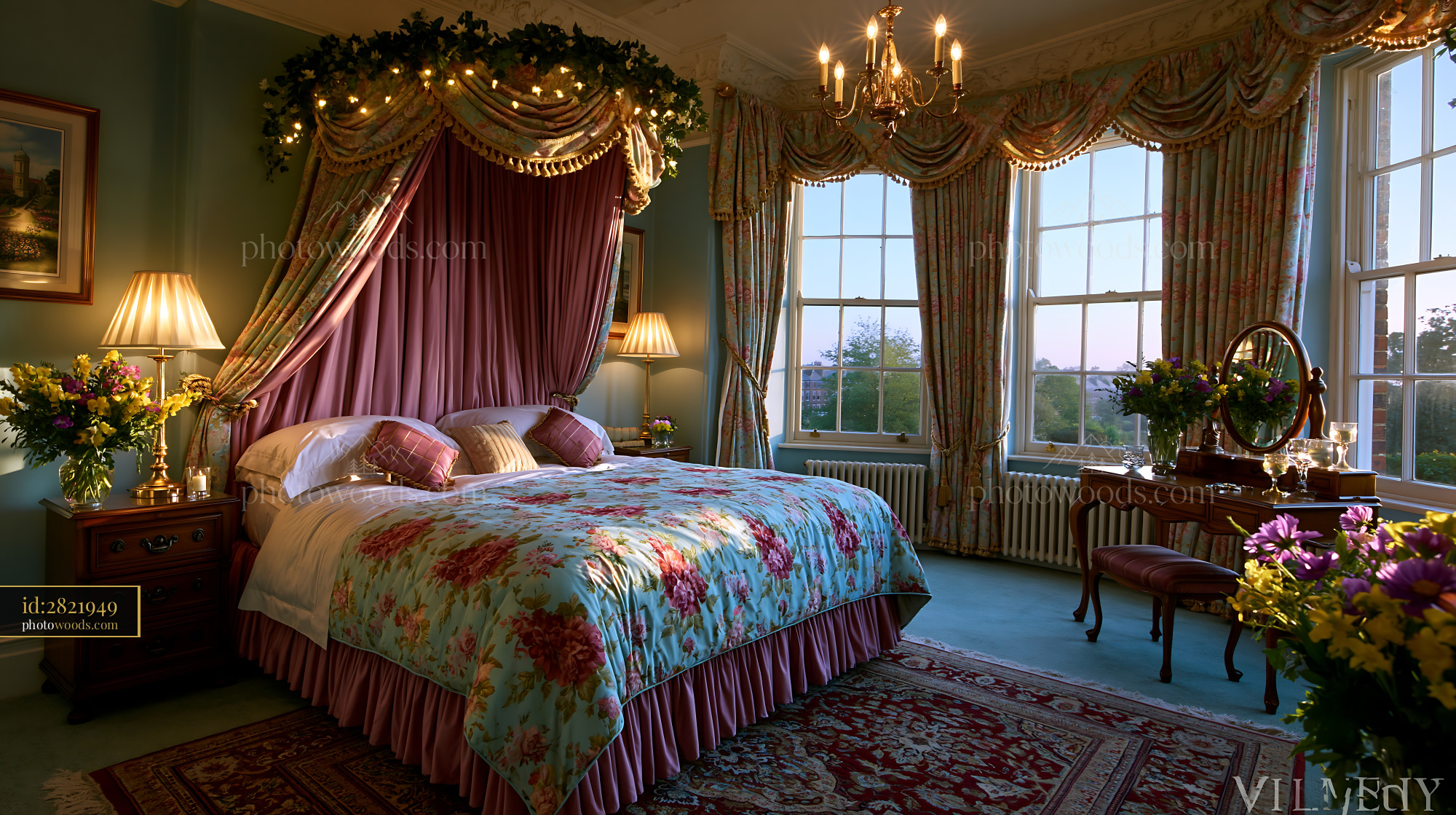 Romantic Bedroom With Canopy Bed and Floral Decor in Soft Light