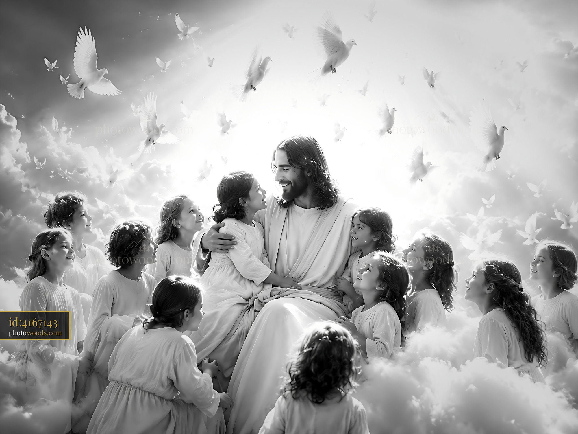 Jesus Sits With Children in Clouds Surrounded by Doves