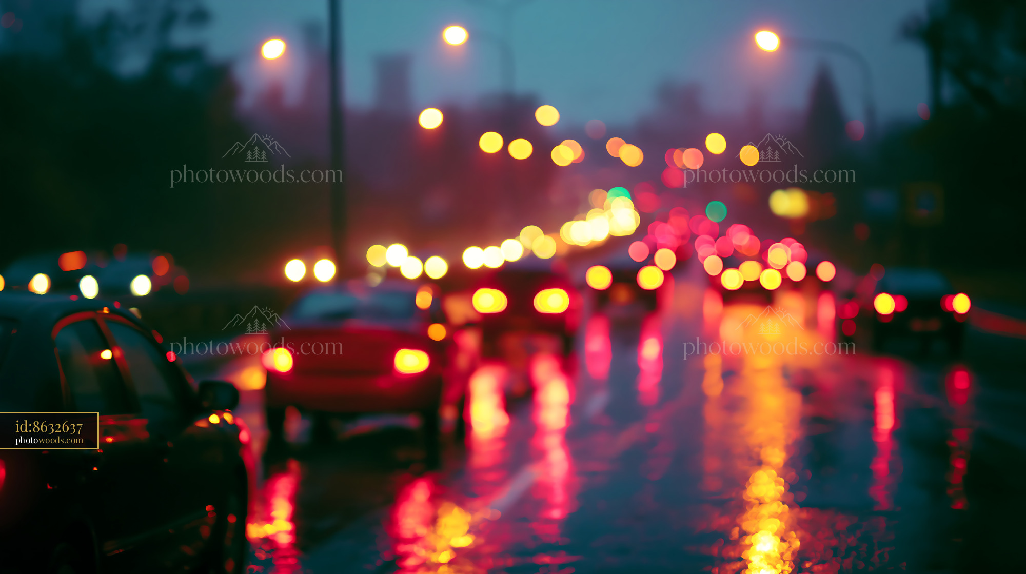 City Street With Blurred Lights and Wet Pavement at Night