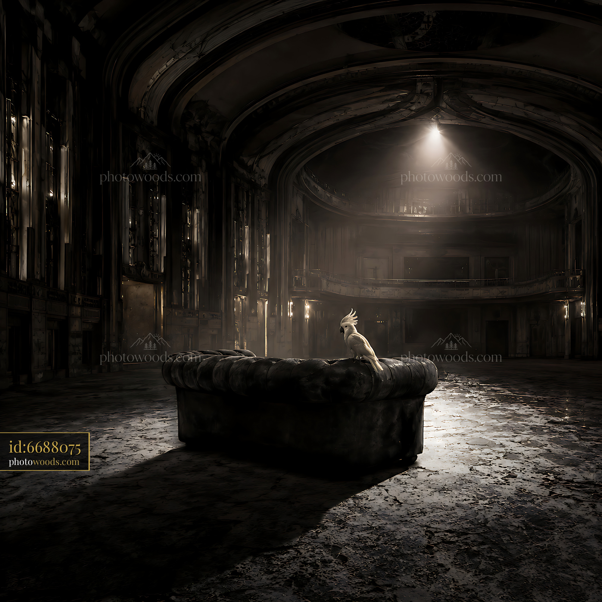 Empty Theater Space With a Couch and Two Birds Resting Quietly