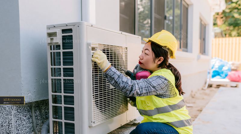 Young Female Electrician Working on Air Conditioning Unit