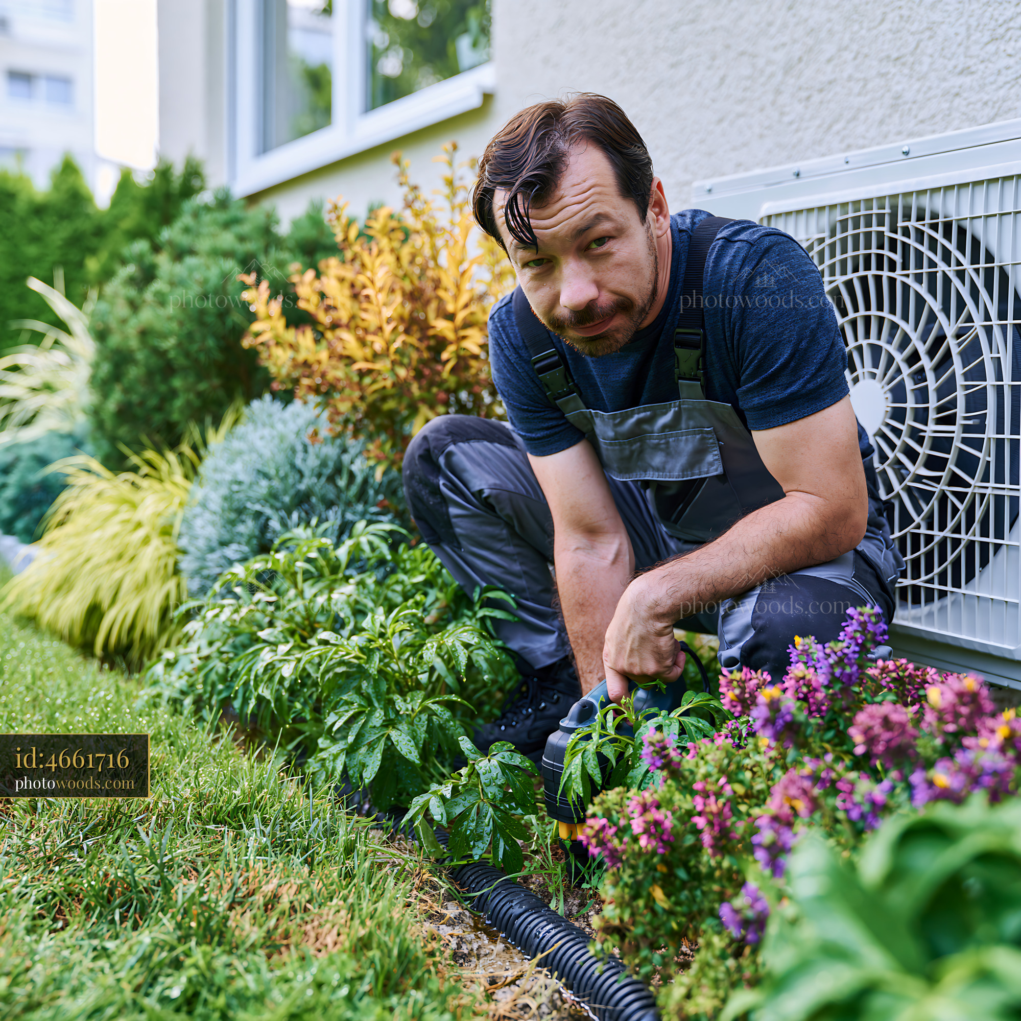 Technician Installing Heat Pump in Garden