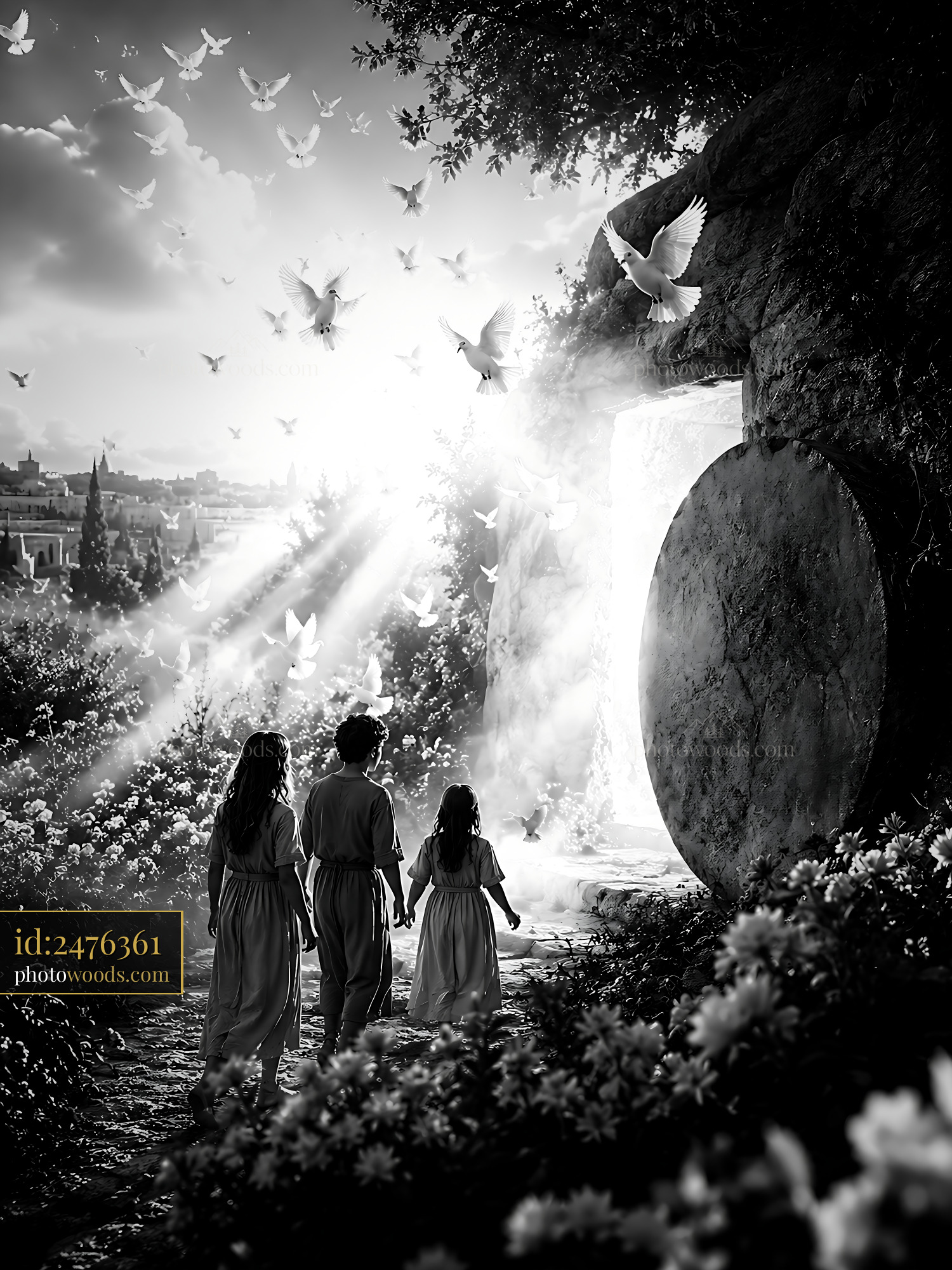 Children Walk Towards the Light Through a Stone Entrance With Doves