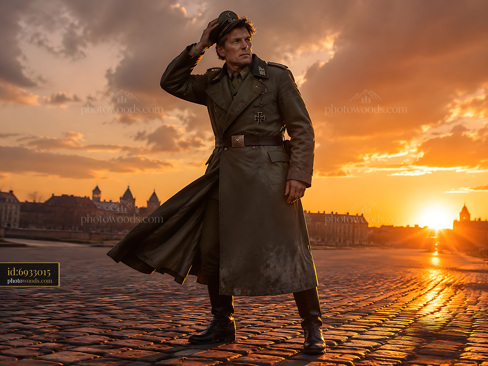 German Officer Standing on a Cobblestone Street at Sunset