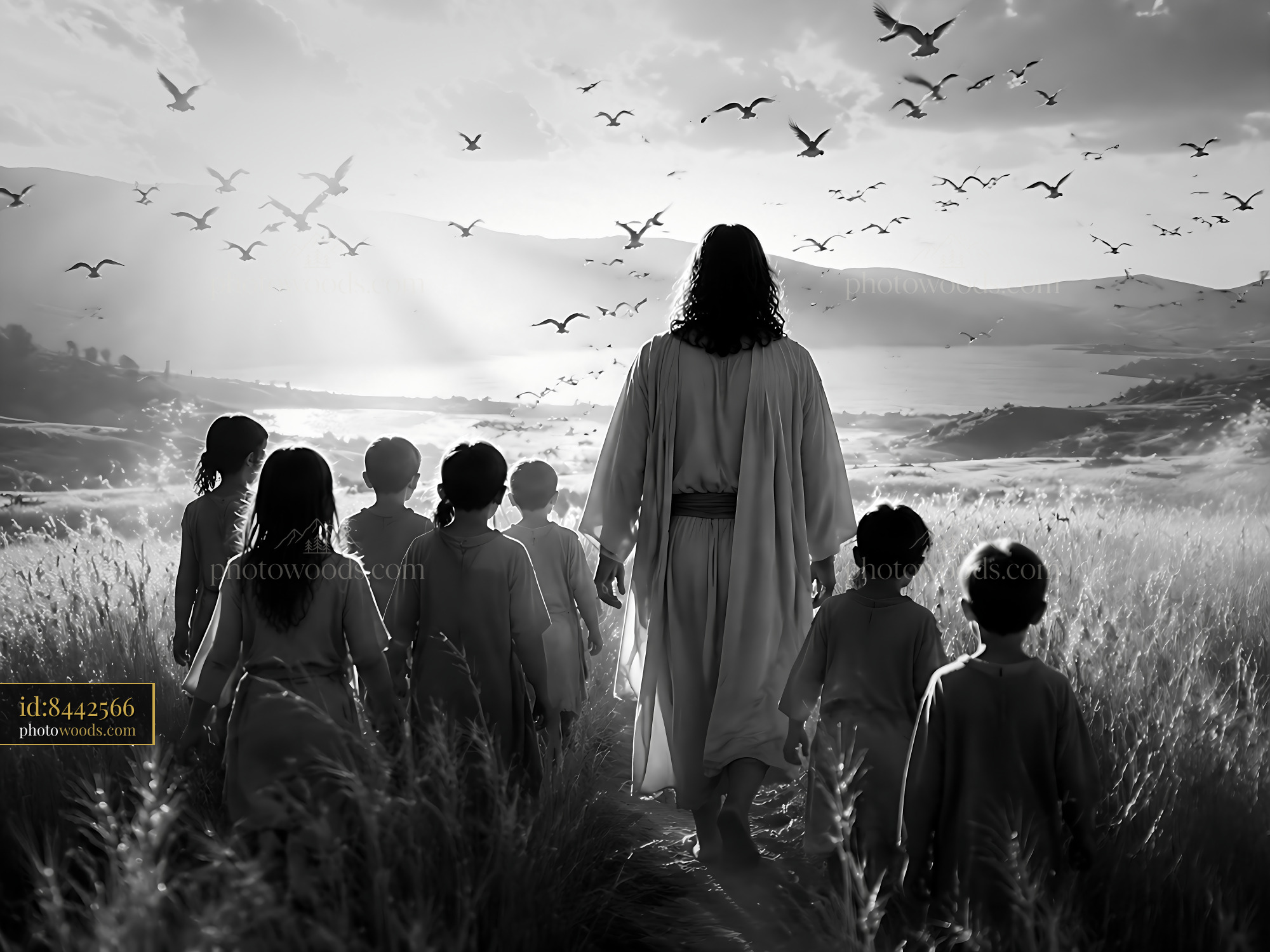 Jesus Walks With Children Through Field Under Cloudy Sky