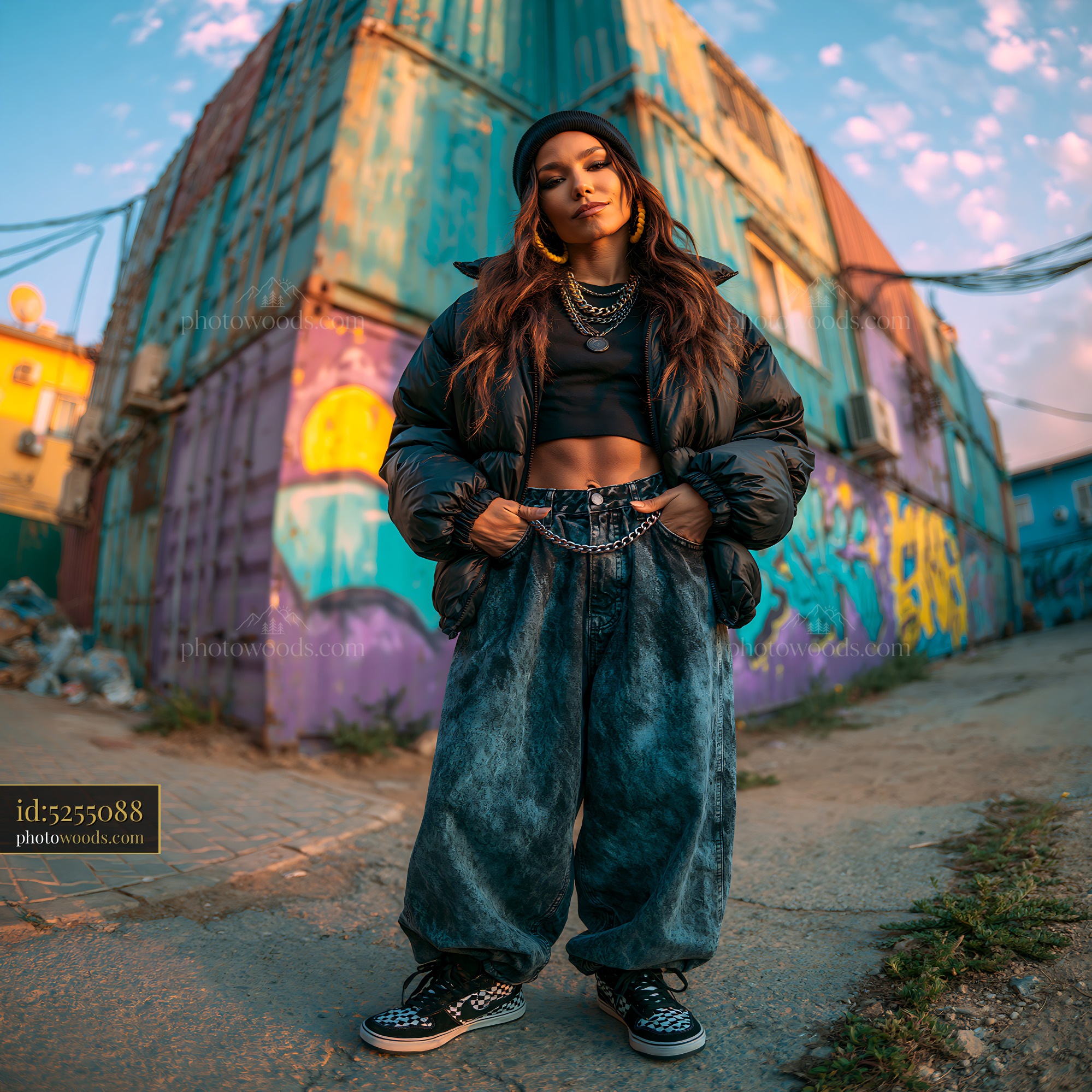 Striking Woman Posing in Urban Setting With Colorful Graffiti