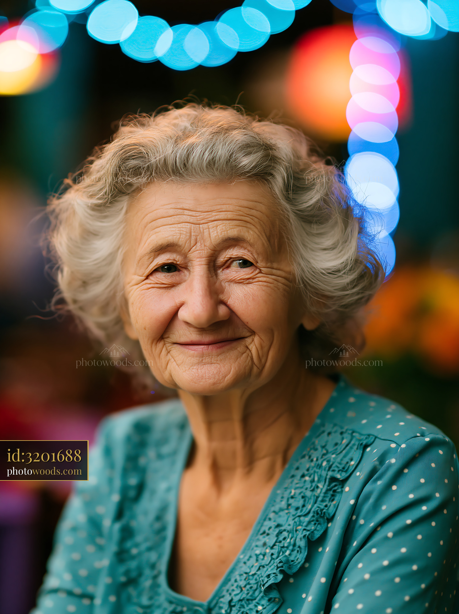 Elderly Woman Smiles While Sitting in a Lively Setting With Lights