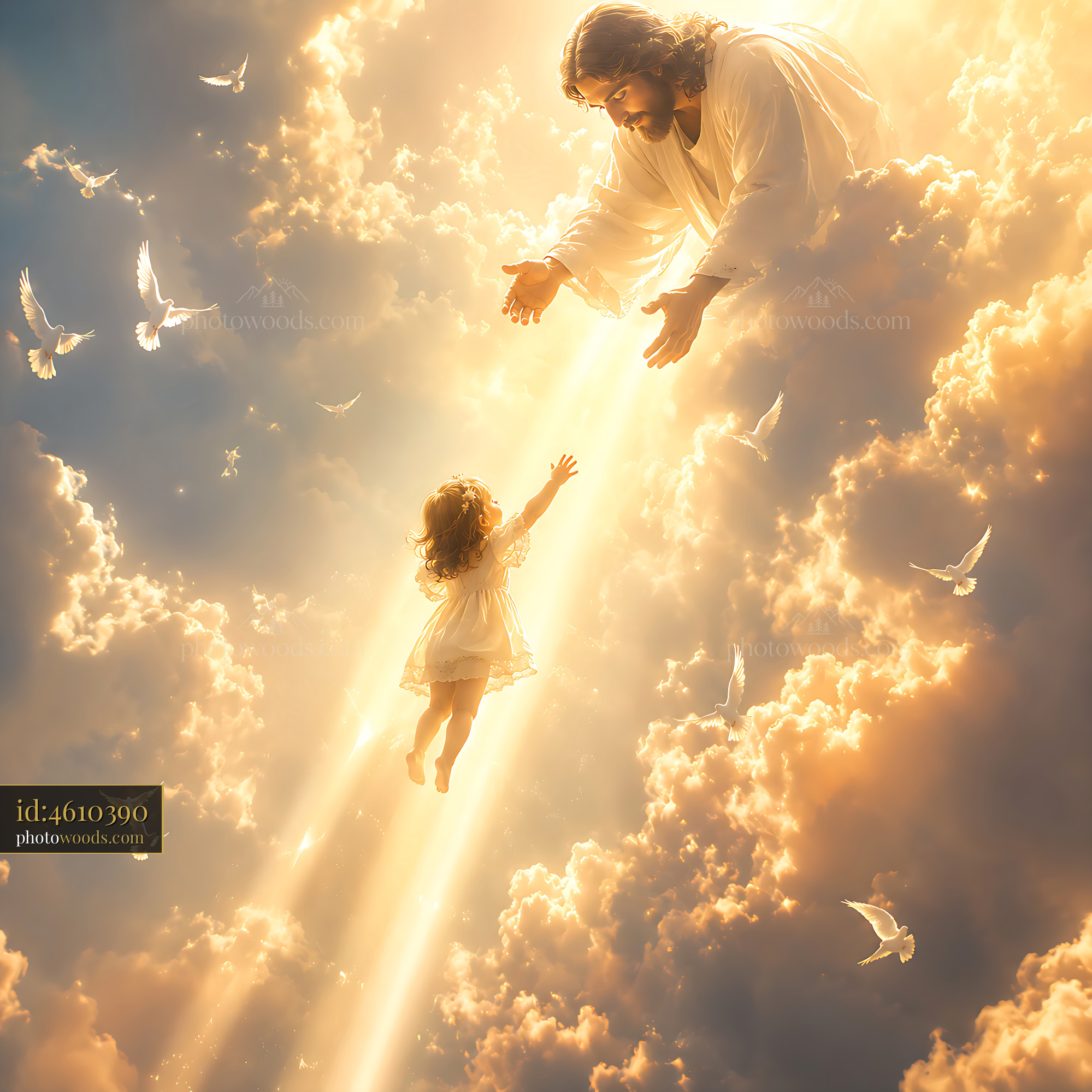 Child Reaching Towards a Figure in the Clouds With Doves Flying
