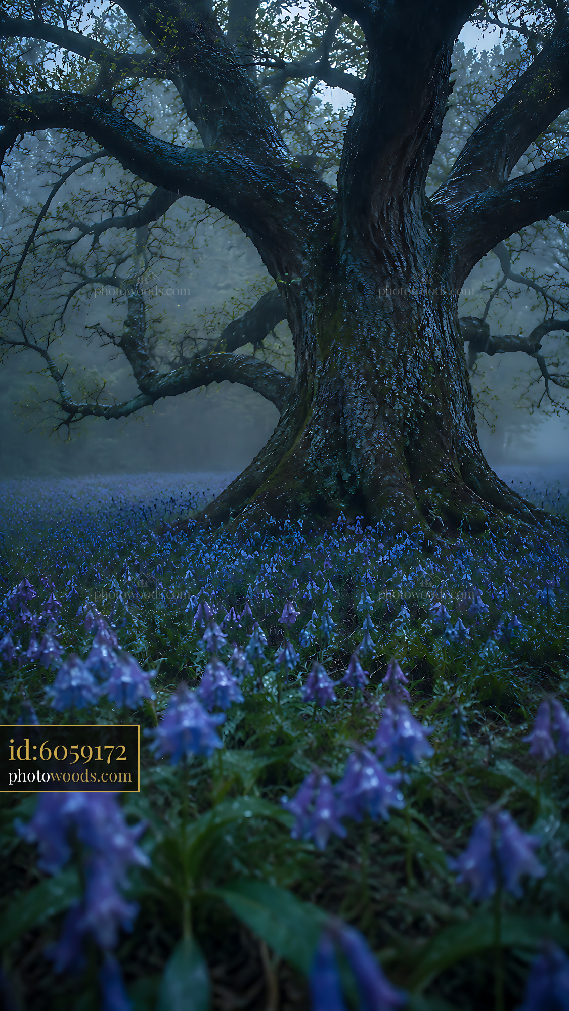 Tree Surrounded by Blue Flowers in Early Morning Light